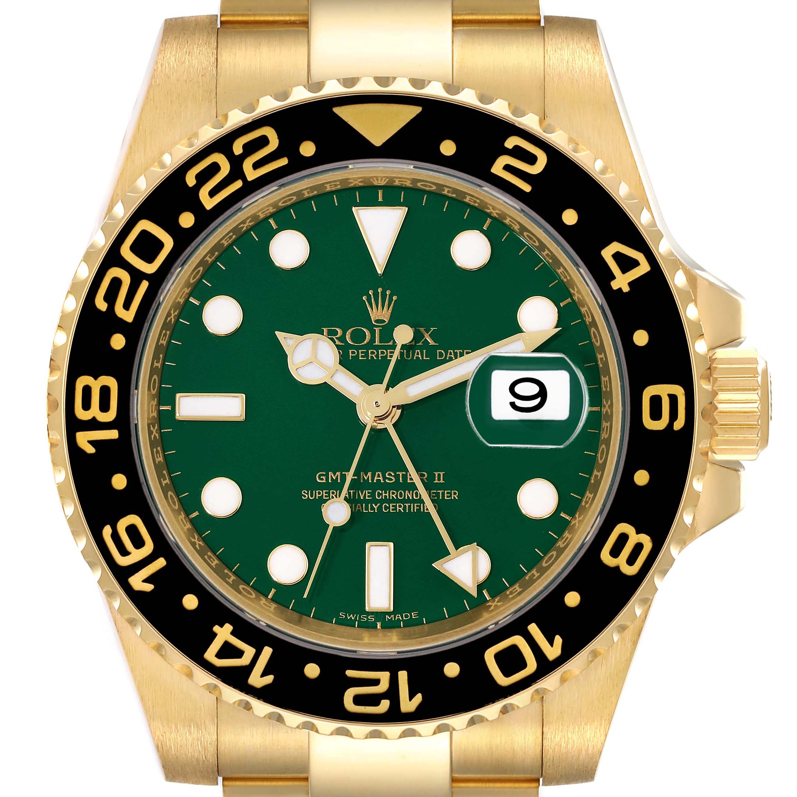 The image shows a close-up, front view of the Rolex GMT-Master 116718 Men's Yellow Gold Green Dial 116718 Men's Yellow Gold Green Dial II watch, featuring its bezel, dial, and date window.