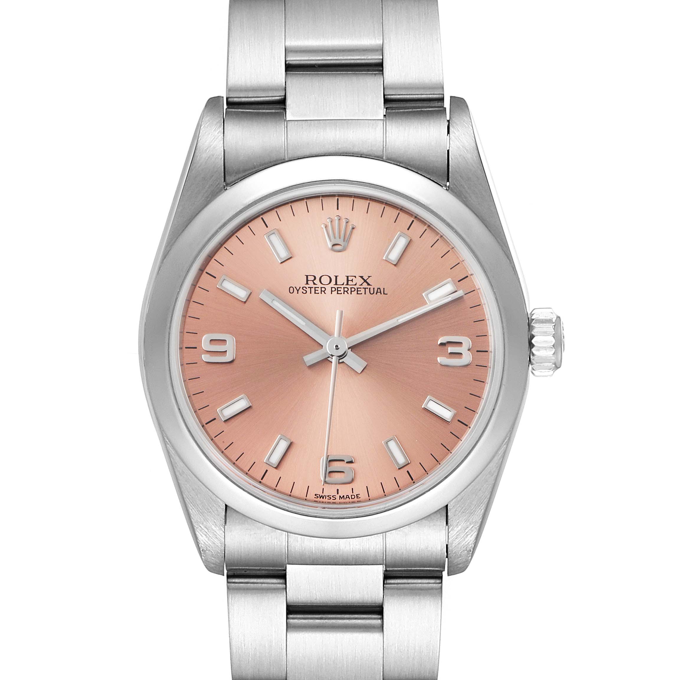 The image shows a front view of a Rolex Oyster Perpetual Mid-Size watch, highlighting the dial, case, crown, and bracelet.