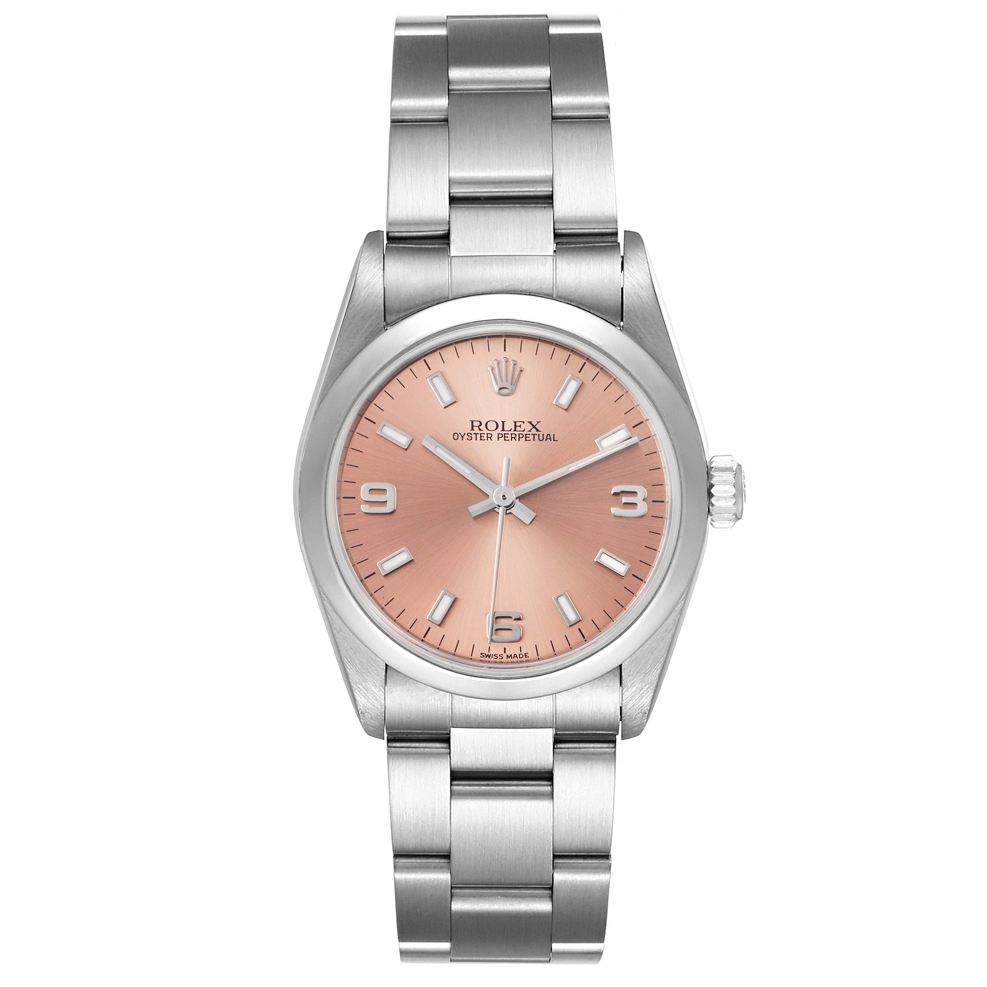 The Rolex Mid-Size 77080 Women
s Stainless Steel Pink Dial 77080 Women
s Stainless Steel Pink Dial watch is shown from a straight-on angle, displaying its pink dial, hour markers, hands, case, and bracelet.
