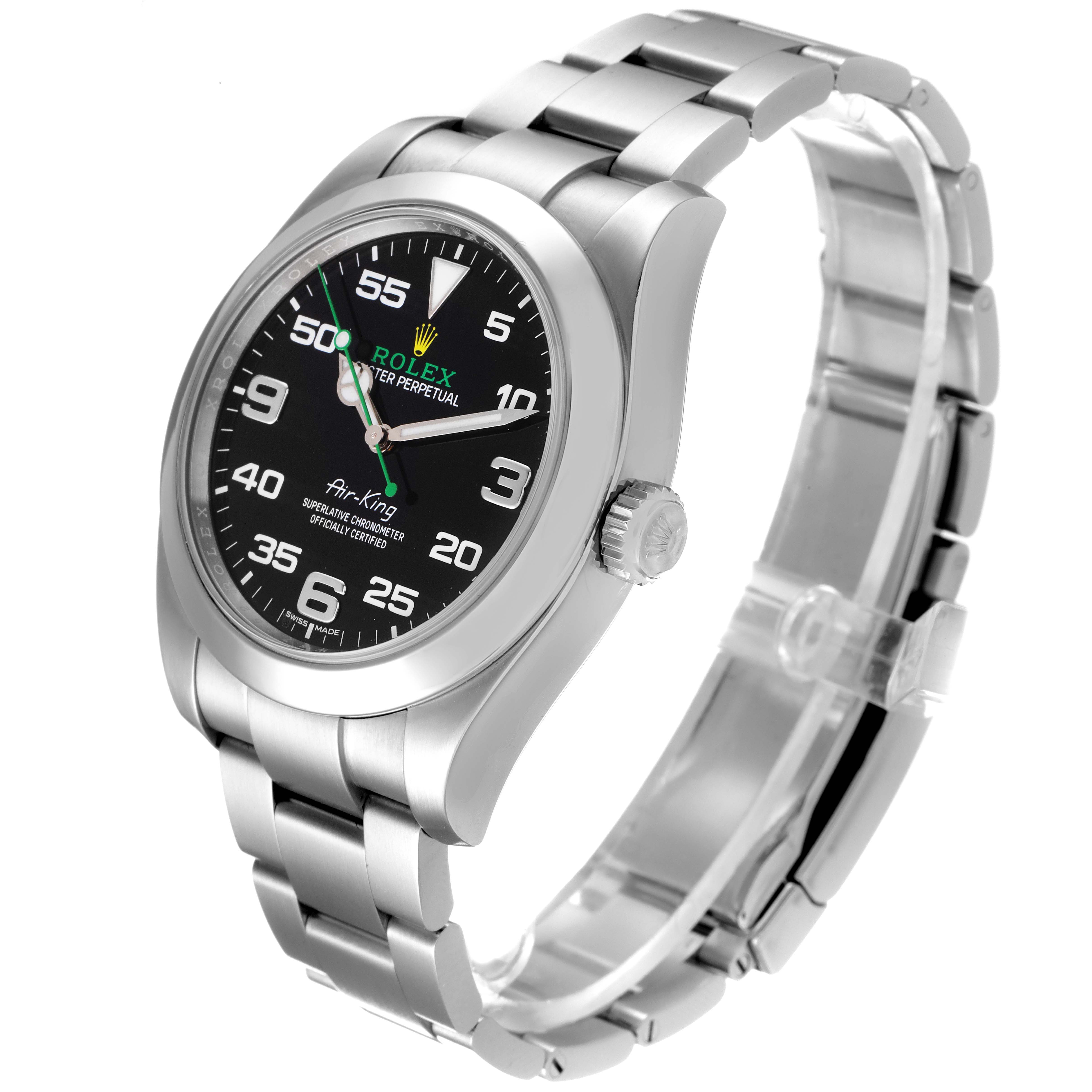 The image shows a side angle of the Rolex Air-King 116900 Men's Stainless Steel Black Dial 116900 Men's Stainless Steel Black Dial watch, displaying its black dial, stainless steel case, and bracelet.