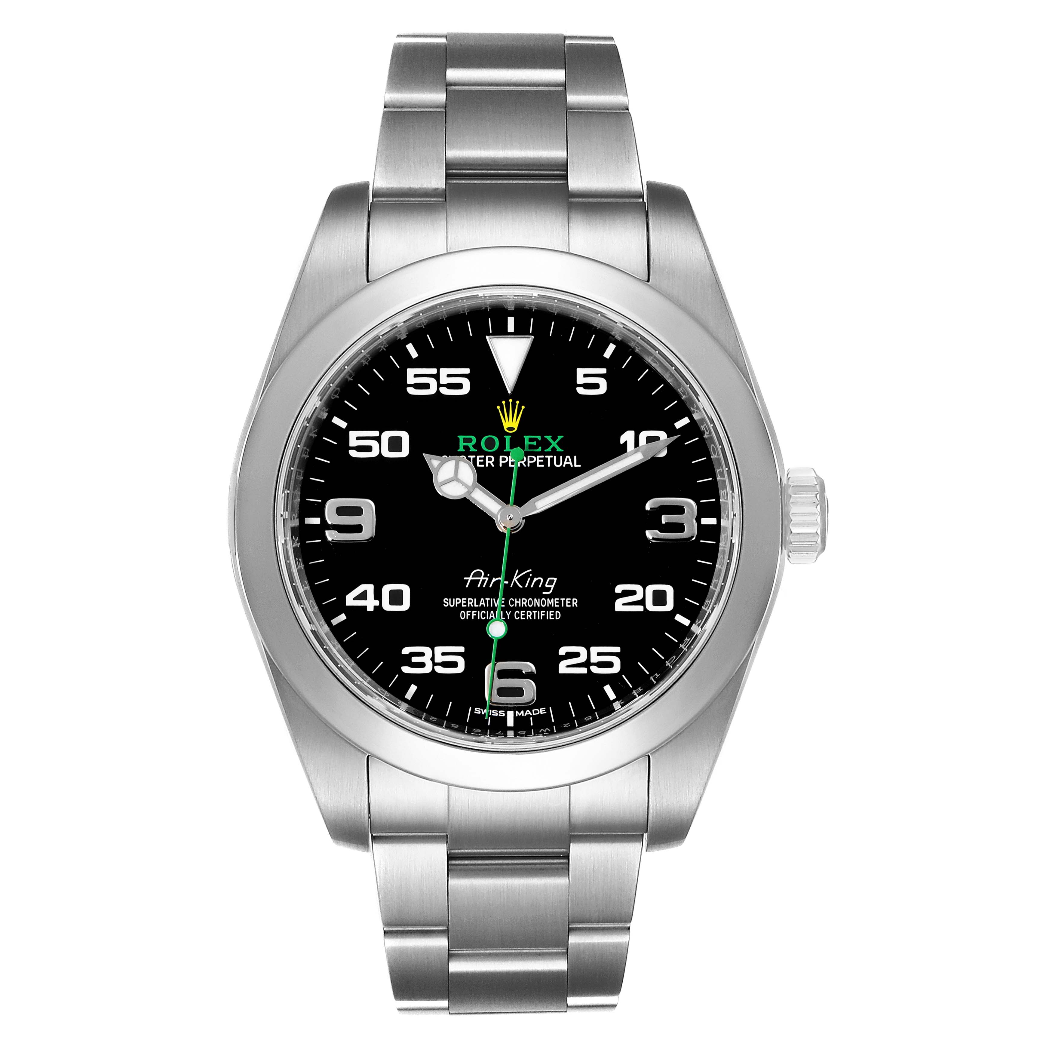 This image shows a front view of the Rolex Air-King 116900 Men's Stainless Steel Black Dial 116900 Men's Stainless Steel Black Dial watch, displaying its dial, bezel, and bracelet.