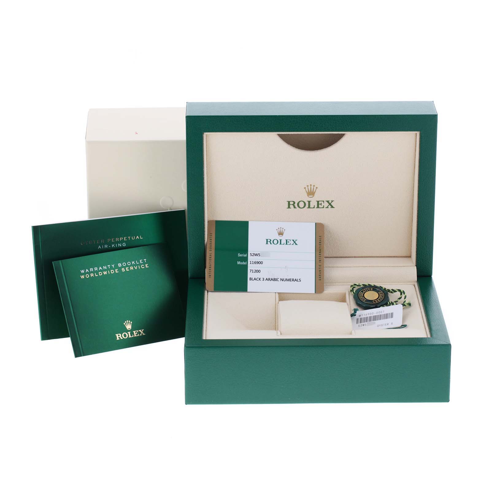 The image shows a Rolex Air-King 116900 Men's Stainless Steel Black Dial 116900 Men's Stainless Steel Black Dial watch box, warranty booklet, model serial card, and packaging accessories.