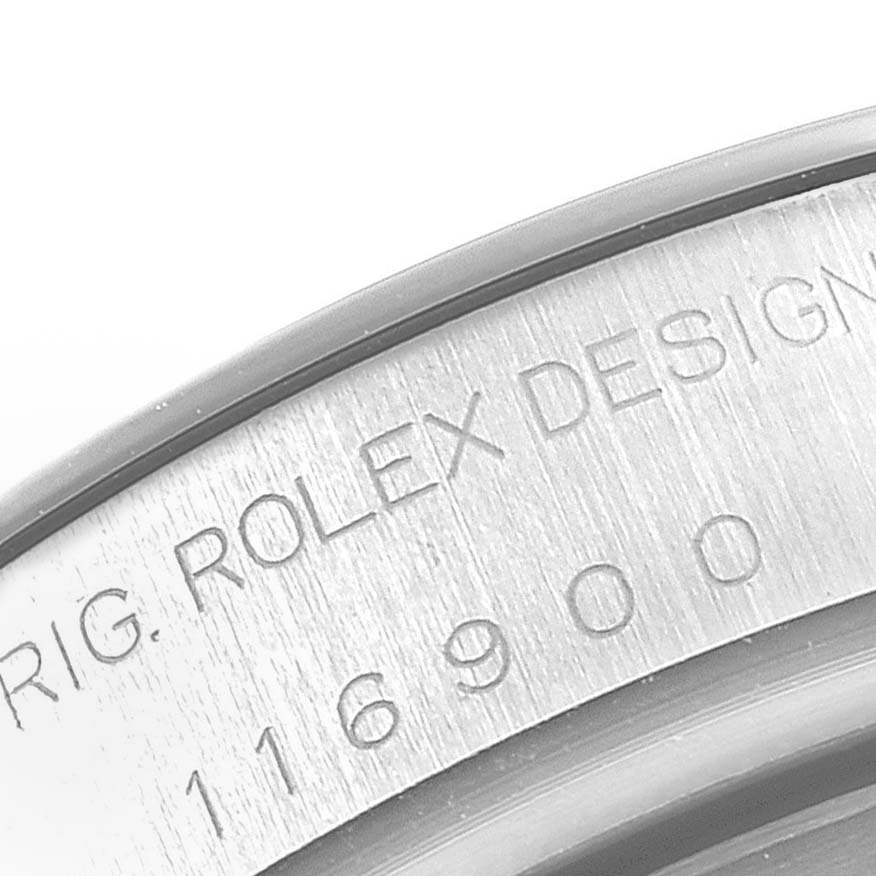 This is a close-up image of the caseback of a Rolex Air-King 116900 Men's Stainless Steel Black Dial 116900 Men's Stainless Steel Black Dial, showing the engraved model number and design details.