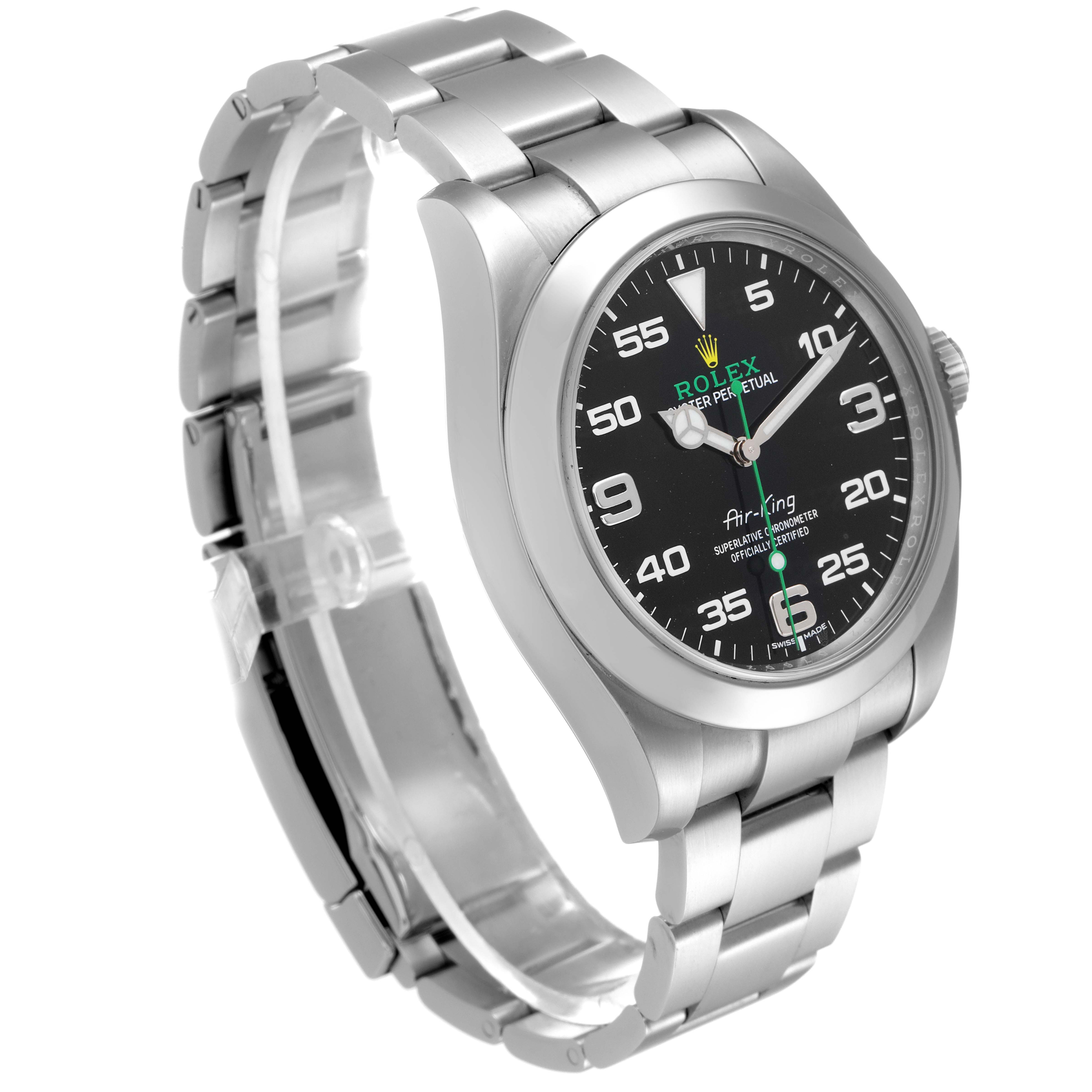 The image shows a Rolex Air-King 116900 Men's Stainless Steel Black Dial 116900 Men's Stainless Steel Black Dial watch from a three-quarter angle, highlighting the dial, case, and bracelet.