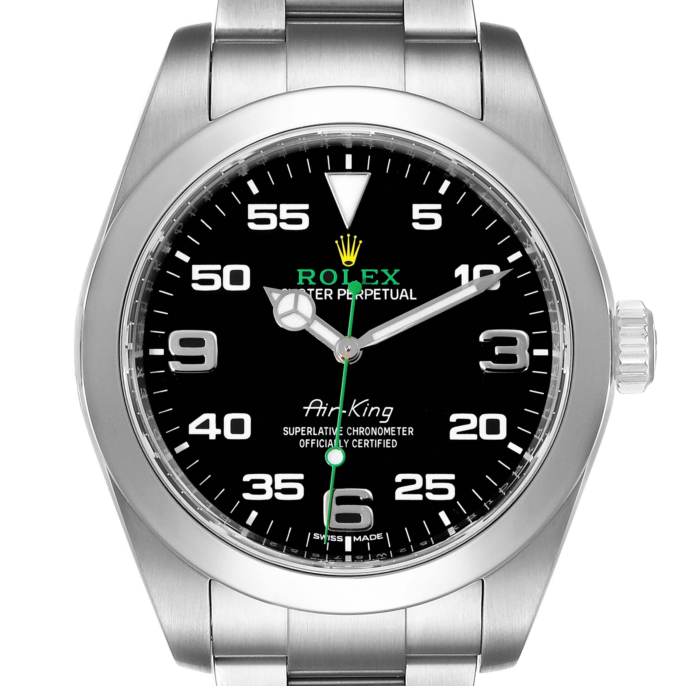 The Rolex Air-King 116900 Men's Stainless Steel Black Dial 116900 Men's Stainless Steel Black Dial watch is shown from a front angle, displaying the black dial, hands, numerals, and part of the stainless steel bracelet.