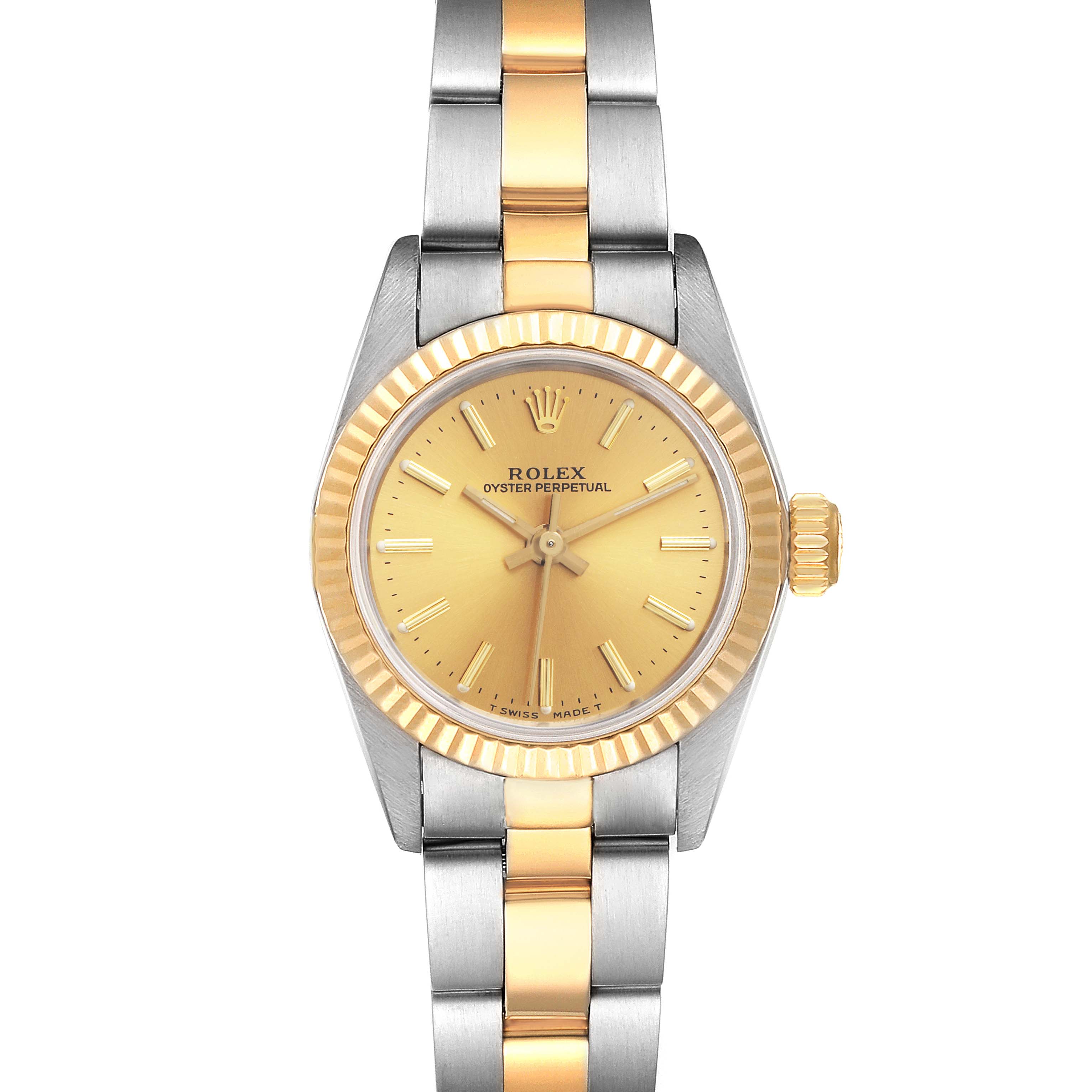 The Rolex Oyster Perpetual 67193 Women
s Steel and Gold (two tone) Champagne Dial 67193 Women
s Steel and Gold (two tone) Champagne Dial watch is shown from a direct front angle, highlighting its dial, bezel, and bracelet.