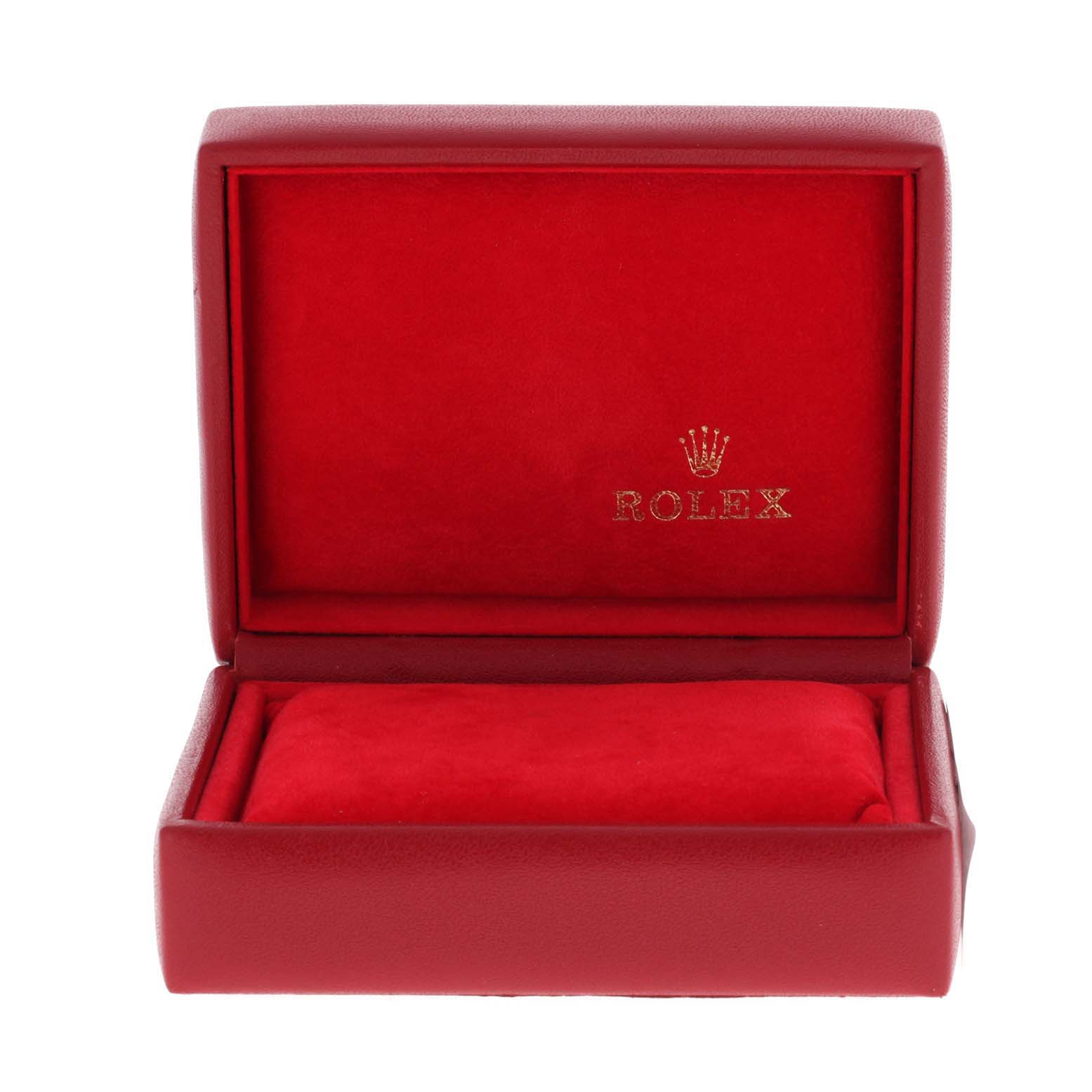 This is a Rolex Oyster Perpetual 67193 Women
s Steel and Gold (two tone) Champagne Dial 67193 Women
s Steel and Gold (two tone) Champagne Dial watch box, shown open from a front angle.