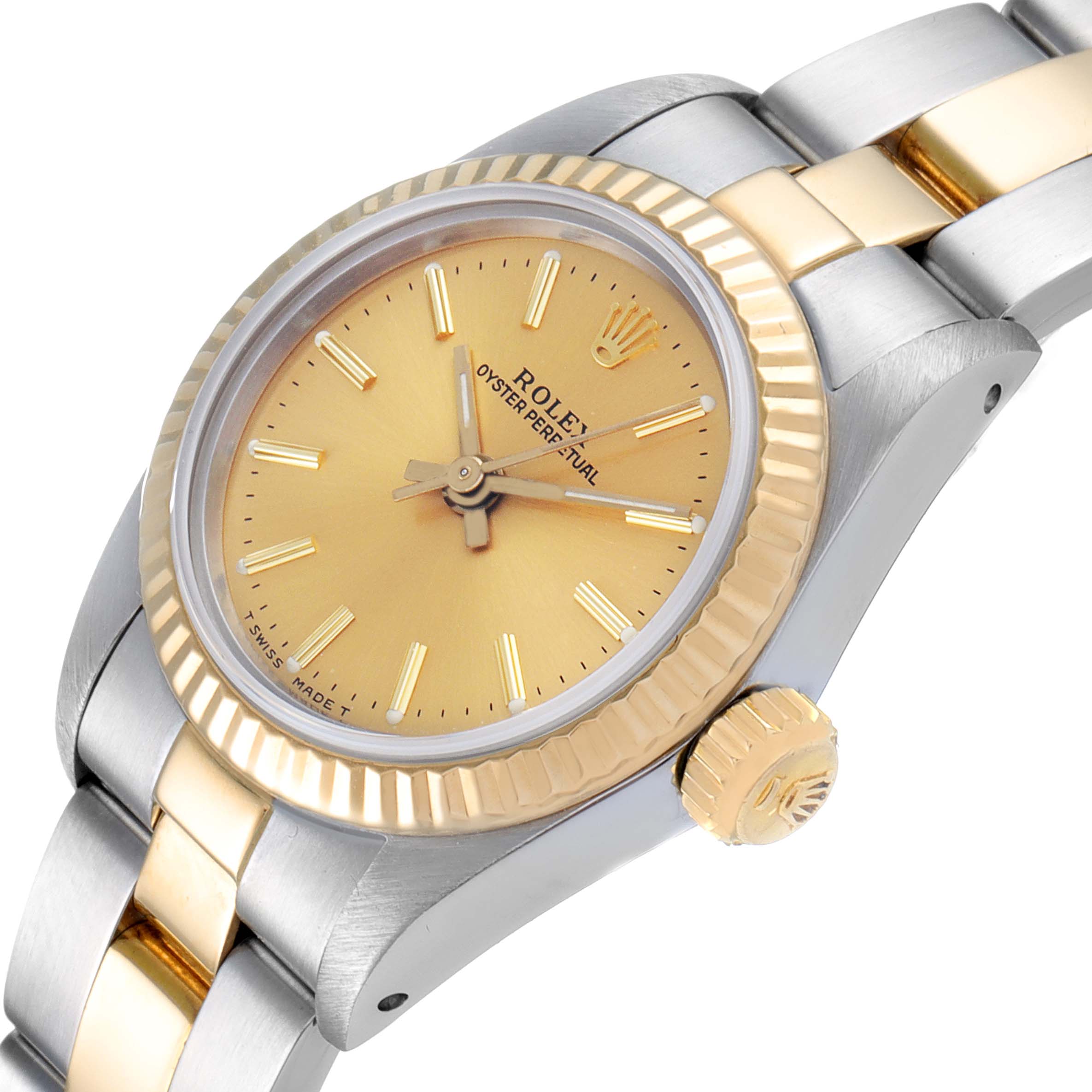 The image shows a Rolex Oyster Perpetual 67193 Women
s Steel and Gold (two tone) Champagne Dial 67193 Women
s Steel and Gold (two tone) Champagne Dial watch angled to display its gold dial, bezel, crown, and part of the bracelet.
