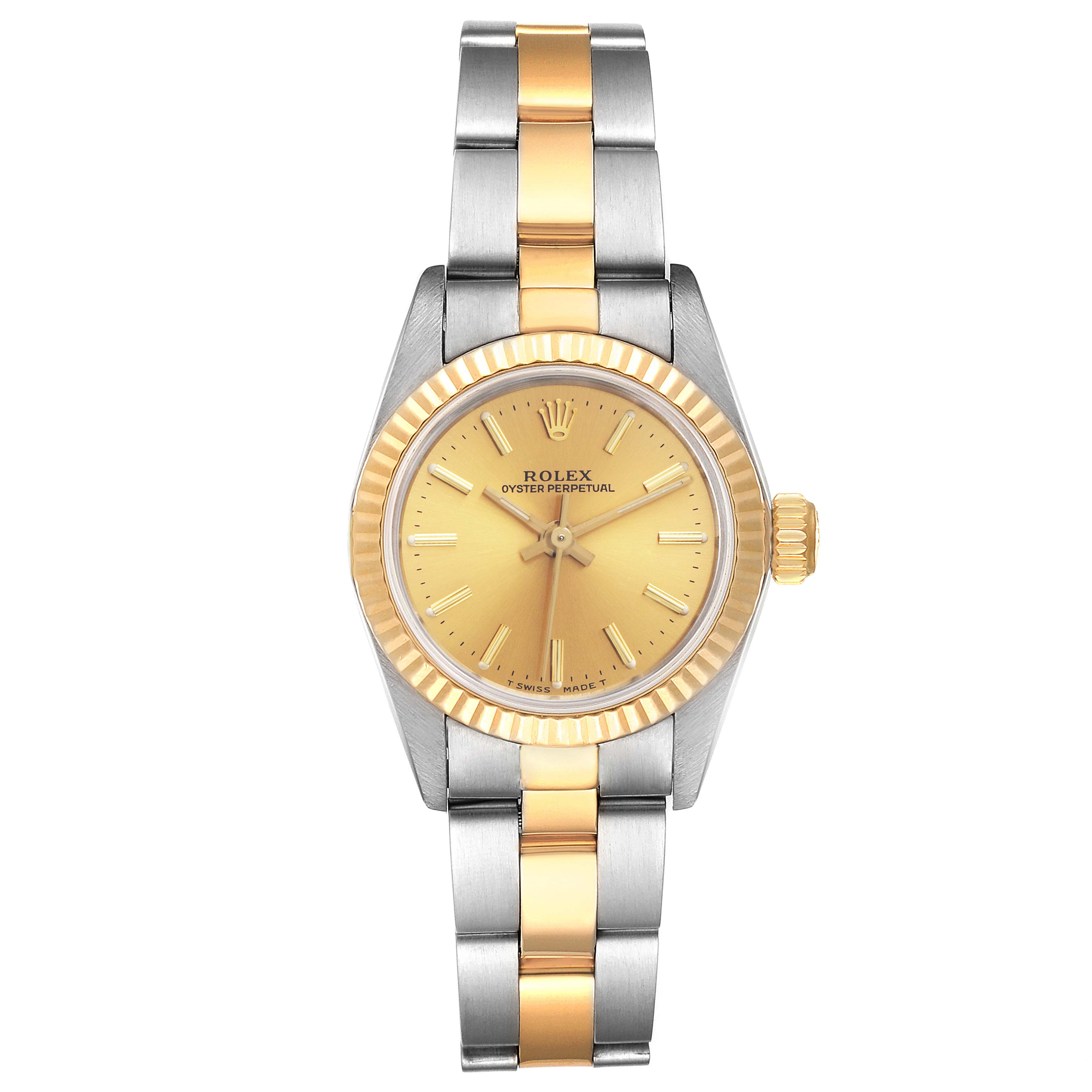 The image shows a Rolex Oyster Perpetual 67193 Women
s Steel and Gold (two tone) Champagne Dial 67193 Women
s Steel and Gold (two tone) Champagne Dial watch from a front angle, highlighting the dial, bezel, and bracelet.