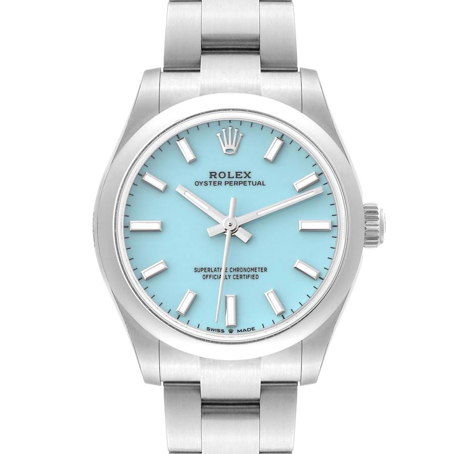 This is a front view of a Rolex Oyster Perpetual Mid-Size watch showcasing its dial, hands, bracelet, and crown.