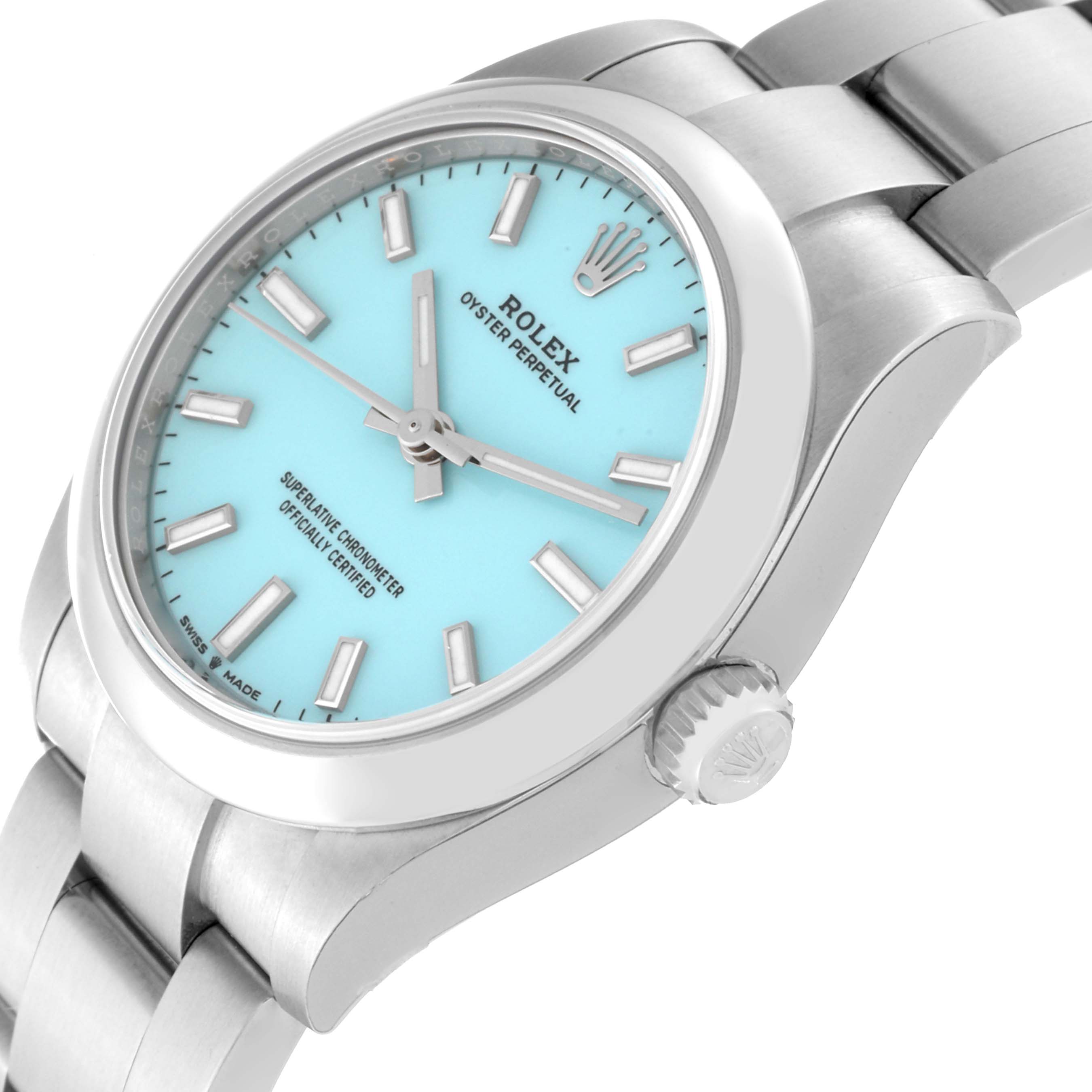 This is a Rolex Oyster Perpetual Mid-Size watch viewed from an angle showing its face, bezel, crown, and part of the bracelet.