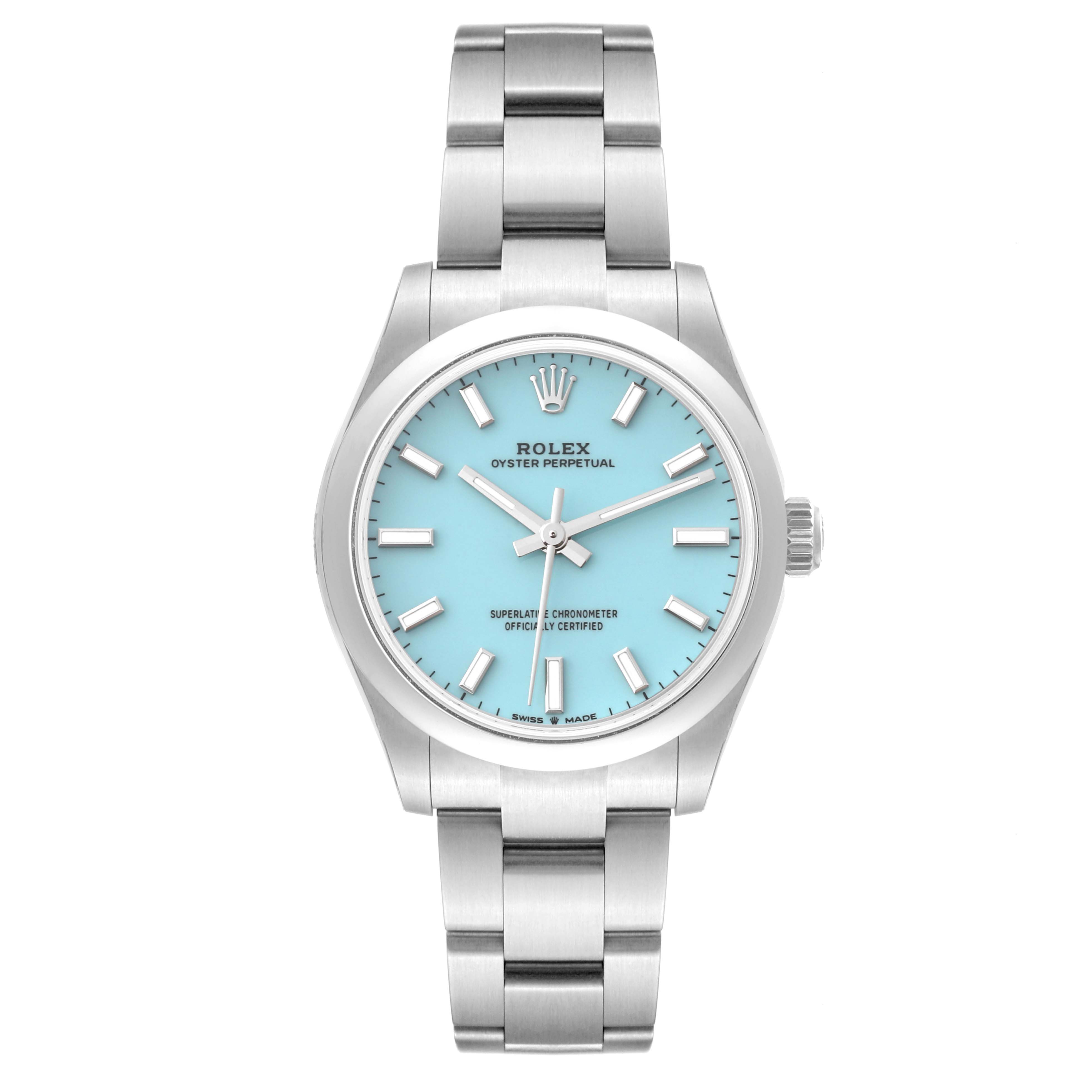 This is a front view of the Rolex Oyster Perpetual Mid-Size watch showing the face, bezel, and bracelet.