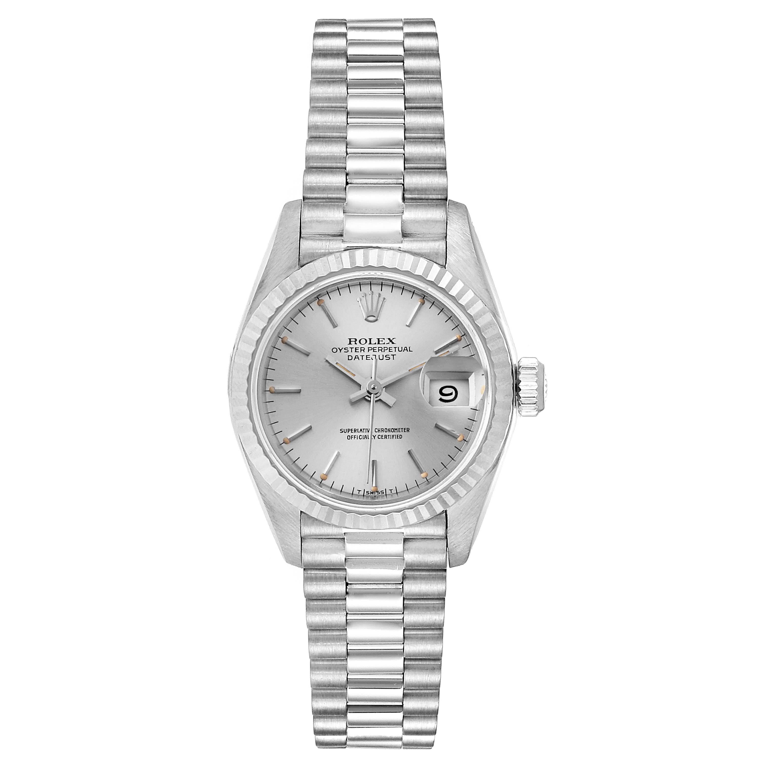 The image shows a Rolex President 69179 Women
s White Gold Silver Dial 69179 Women
s White Gold Silver Dial model watch from a frontal view, displaying the dial, bracelet, bezel, crown, and date window.