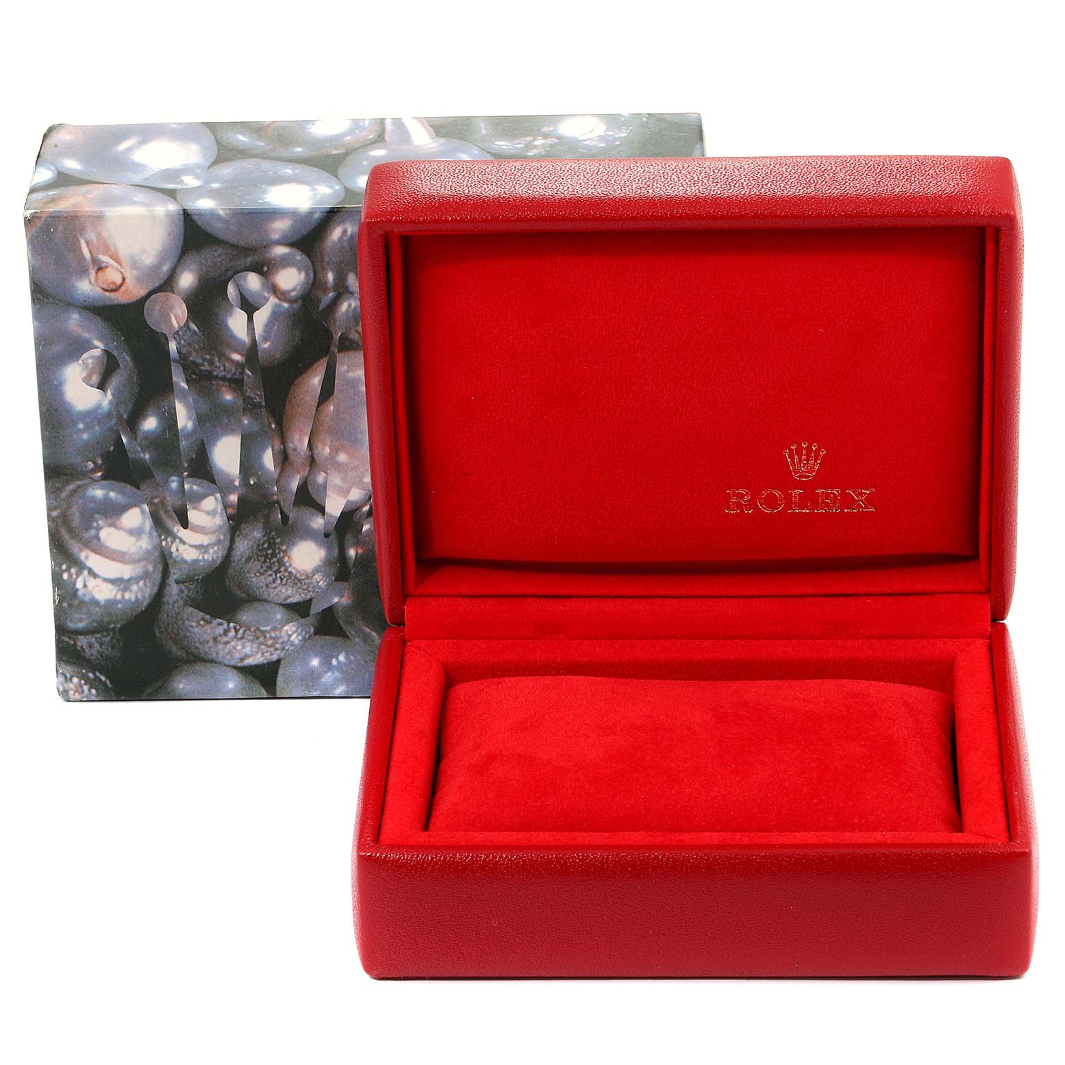 The image shows an open red Rolex watch box, presumably for the President model, with a decorative outer box behind it.