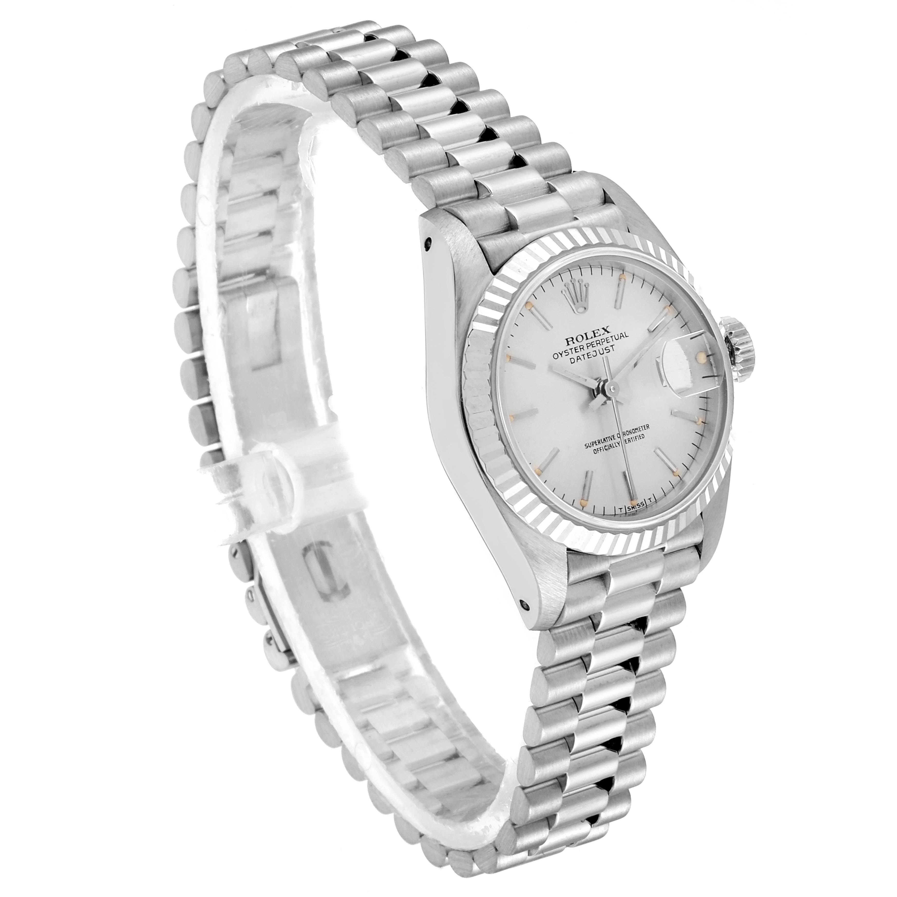 The Rolex President 69179 Women
s White Gold Silver Dial 69179 Women
s White Gold Silver Dial model watch is shown at a three-quarter angle, highlighting the bracelet, dial, and bezel.