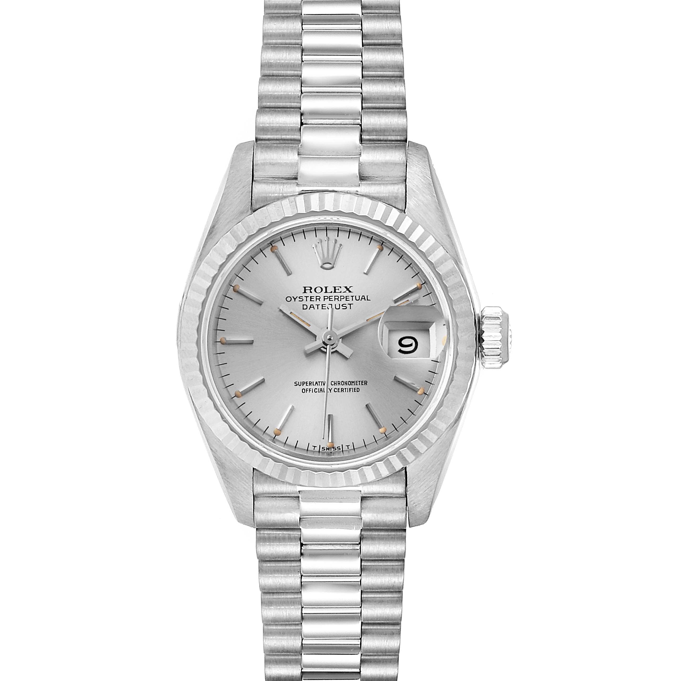 The image shows a frontal view of a Rolex President 69179 Women
s White Gold Silver Dial 69179 Women
s White Gold Silver Dial model watch, highlighting its face, fluted bezel, and bracelet.