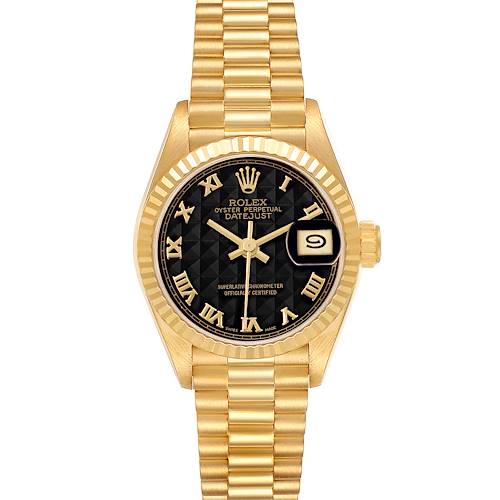 The Rolex President 69178 Women's Yellow Gold Black Dial watch is shown from a top view displaying the dial, fluted bezel, and President bracelet.