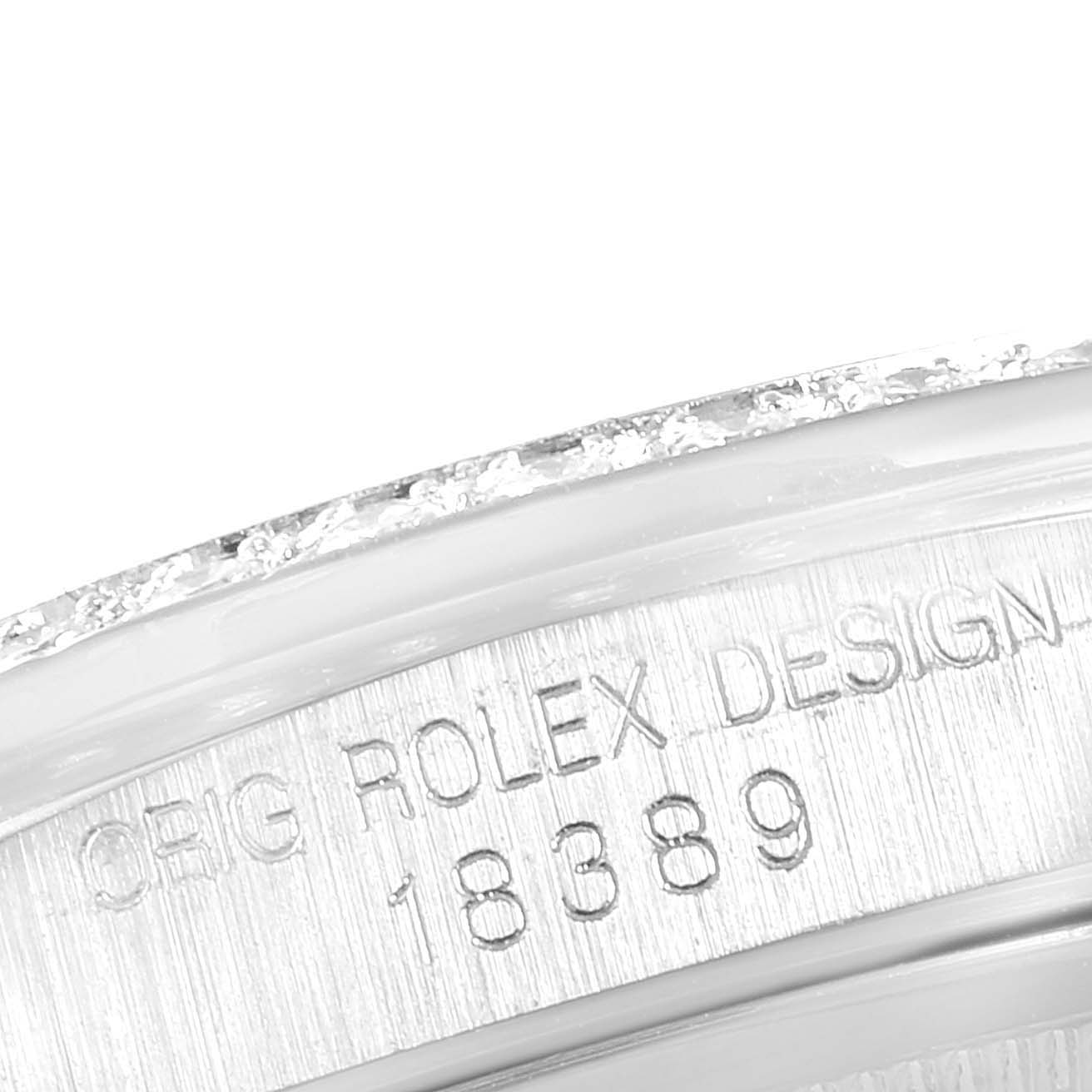 This close-up image shows the inner caseback engraving of the Rolex President 18389 Men's White Gold Silver Dial 18389 Men's White Gold Silver Dial model, featuring the design serial number.
