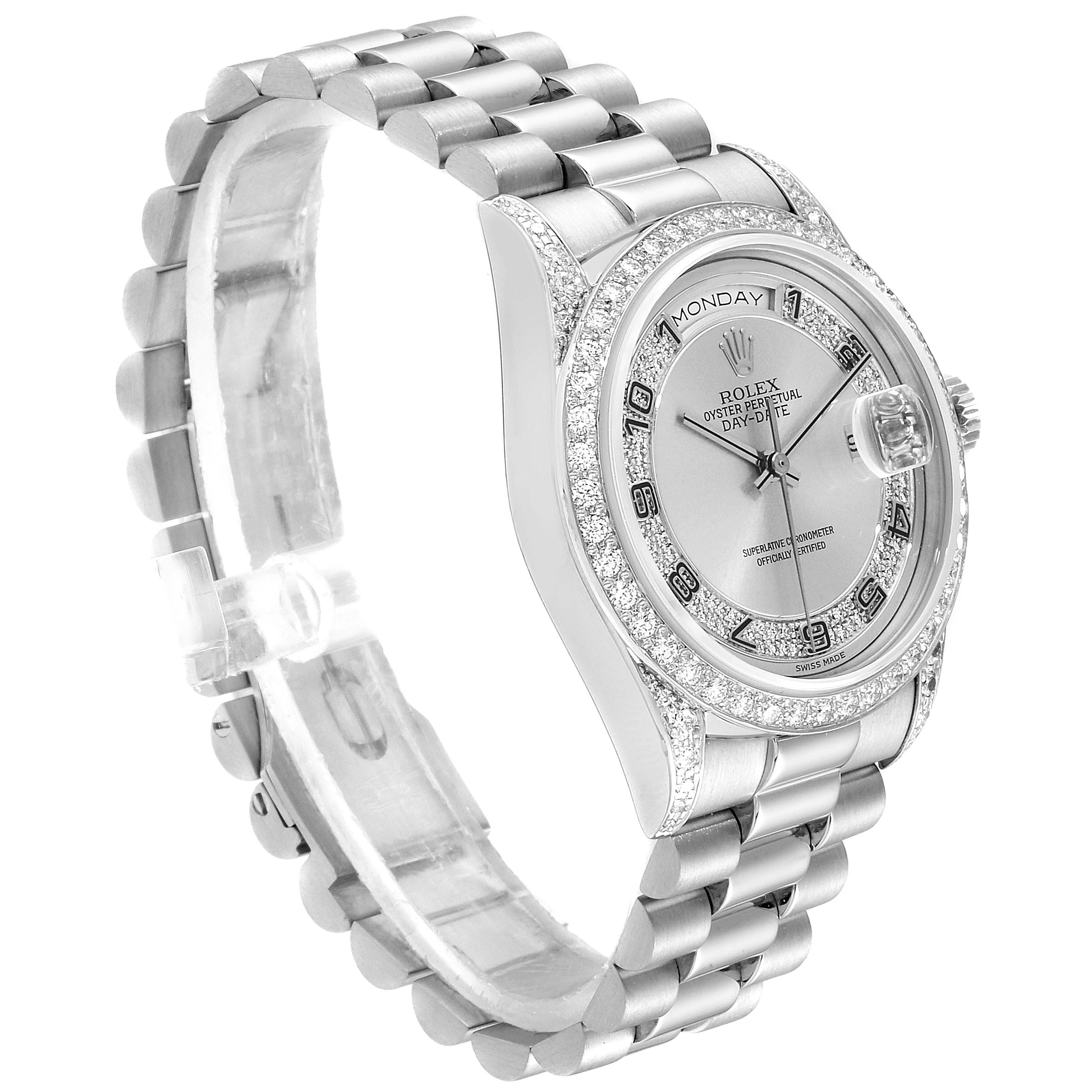 This image shows a side angle of the Rolex President 18389 Men's White Gold Silver Dial 18389 Men's White Gold Silver Dial model watch, highlighting its face, bezel, and bracelet.