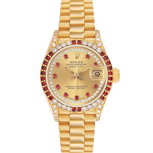 Photo of Rolex President Yellow Gold Diamond Ruby Dial Ladies Watch 69158