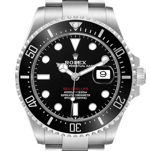 The Rolex Sea-Dweller 126600 Men's Stainless Steel Black Dial watch is shown from the front, displaying the dial, bezel, and part of the bracelet.