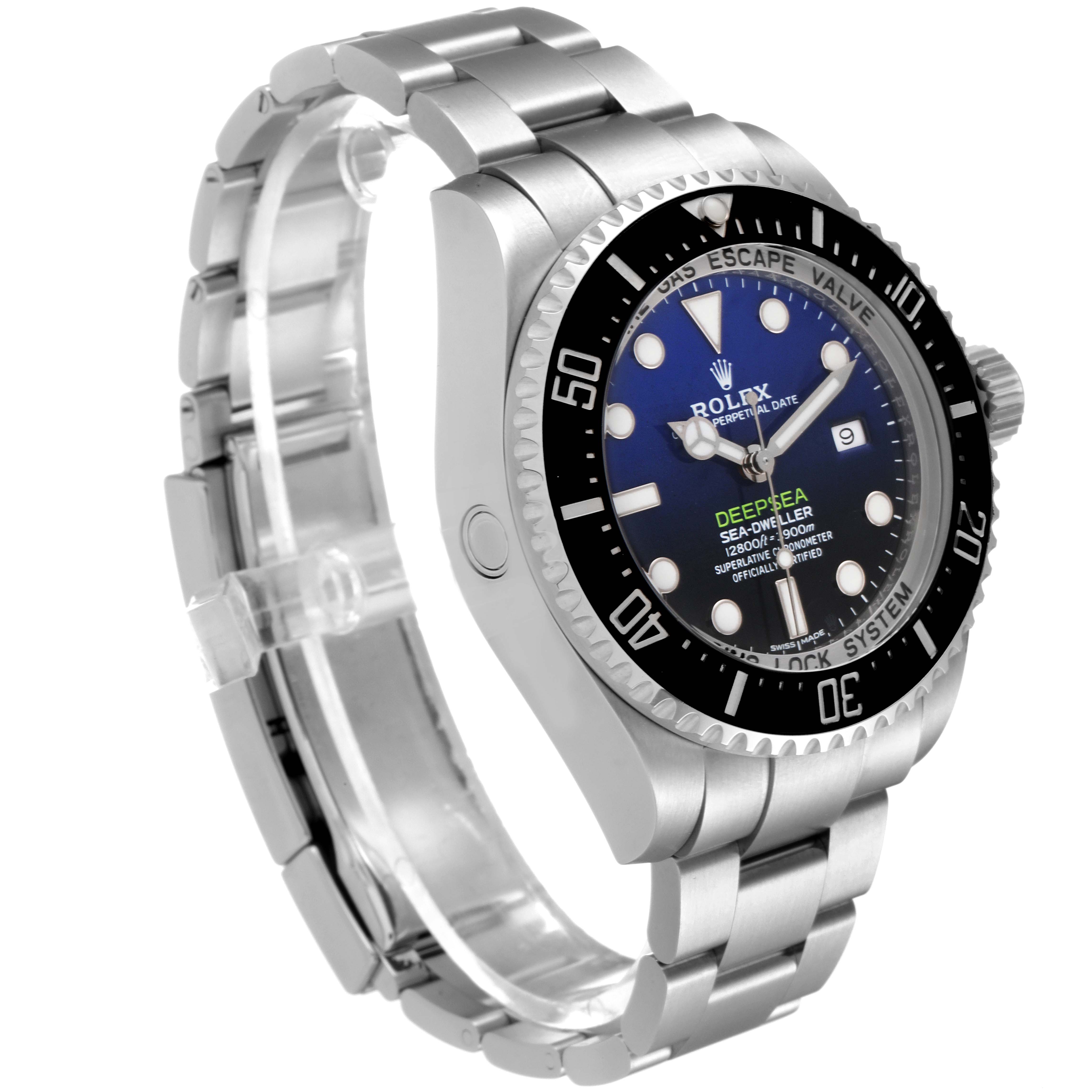 The image shows a Rolex Sea-Dweller 116660 Men
s Stainless Steel Blue Dial 116660 Men
s Stainless Steel Blue Dial watch at a three-quarter angle, displaying the dial, bezel, and bracelet.