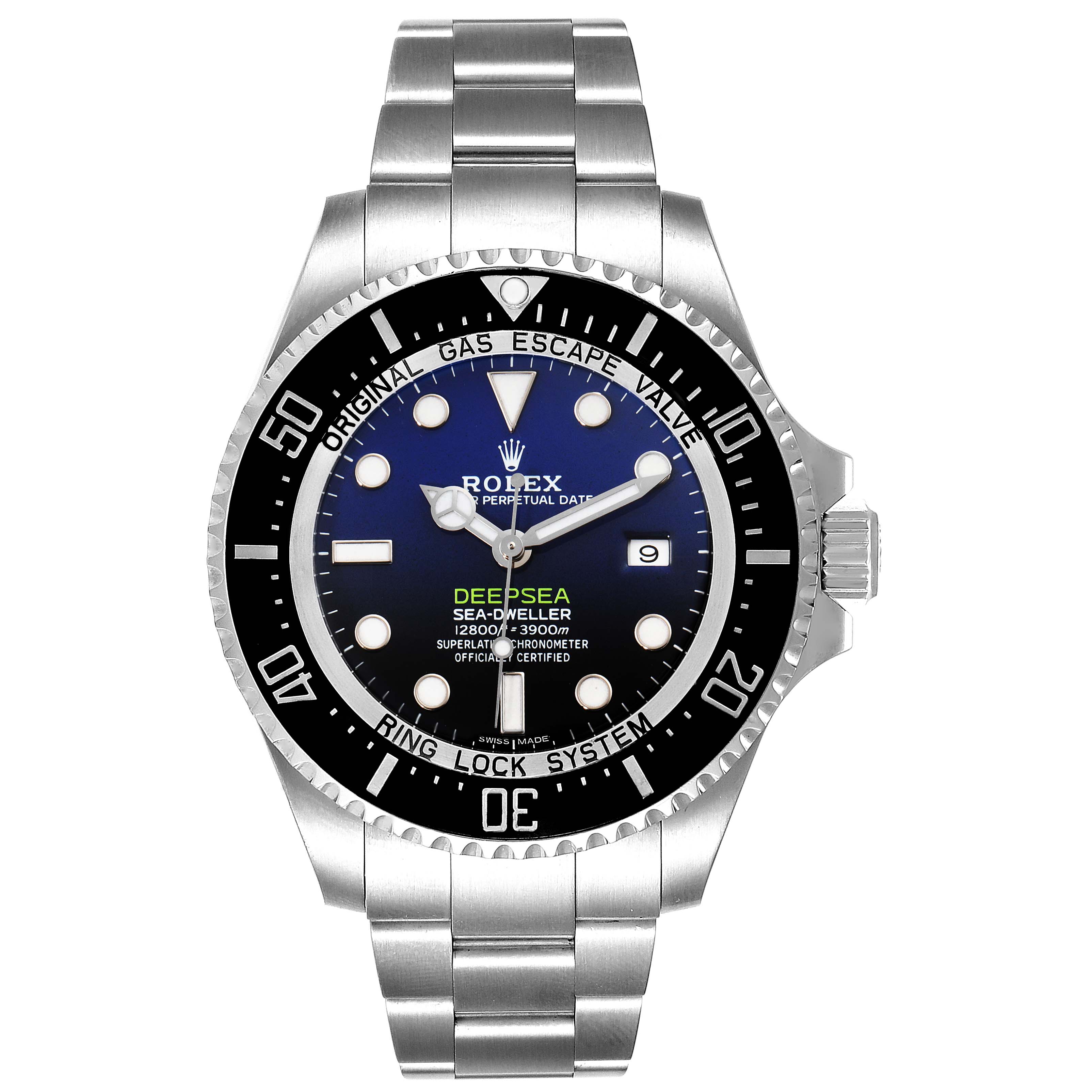 The image shows a front view of the Rolex Sea-Dweller 116660 Men
s Stainless Steel Blue Dial 116660 Men
s Stainless Steel Blue Dial Deepsea watch displaying its dial, bezel, and bracelet.