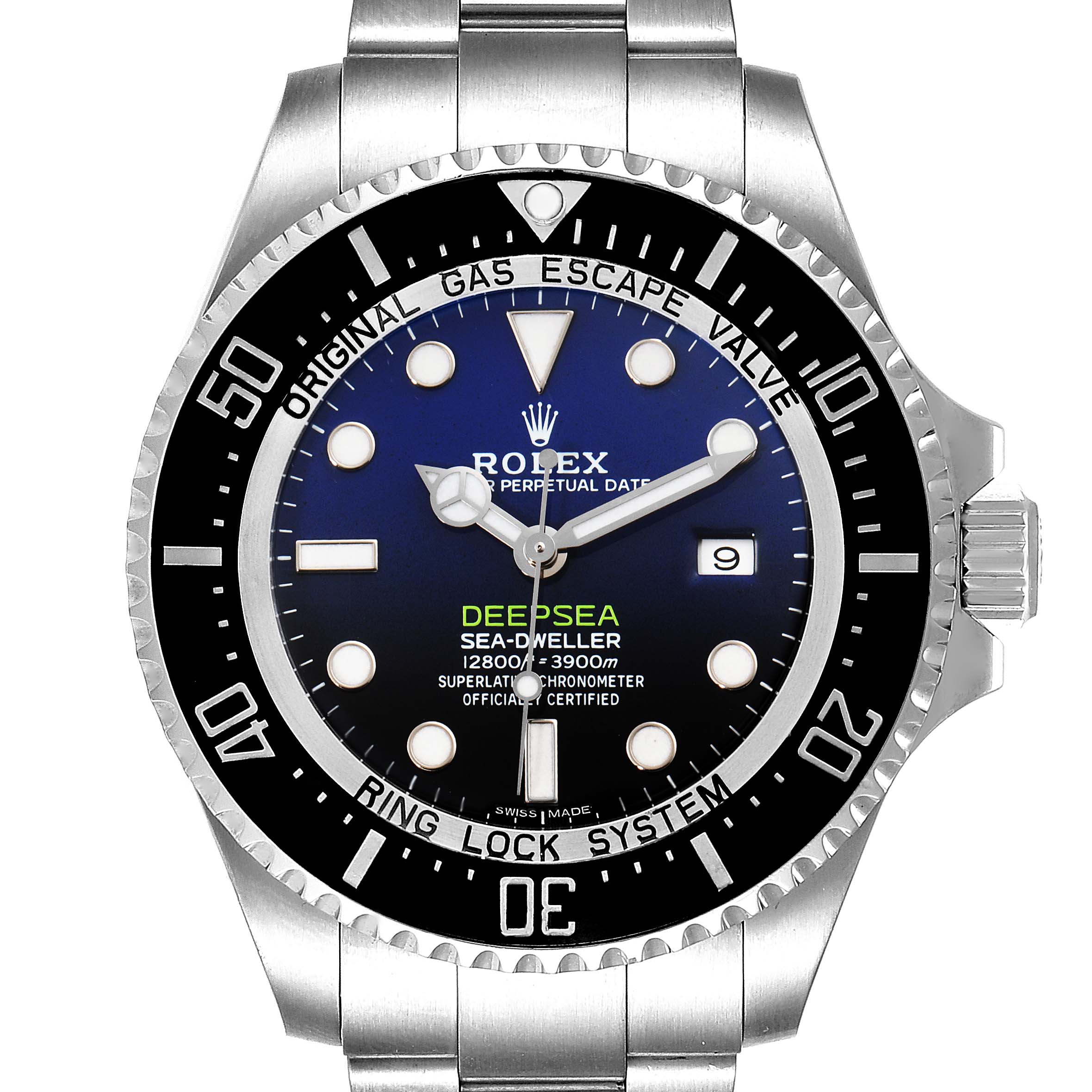 The image shows a front view of the Rolex Sea-Dweller 116660 Men
s Stainless Steel Blue Dial 116660 Men
s Stainless Steel Blue Dial Deepsea watch, highlighting the dial, bezel, crown, and part of the bracelet.