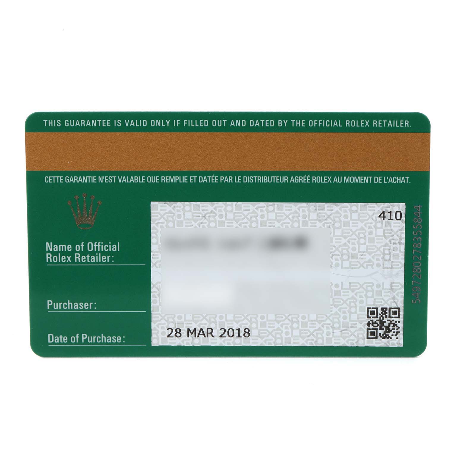 This image shows the guarantee card for a Rolex Sea-Dweller 116660 Men
s Stainless Steel Blue Dial 116660 Men
s Stainless Steel Blue Dial, including the date of purchase and retailer details.