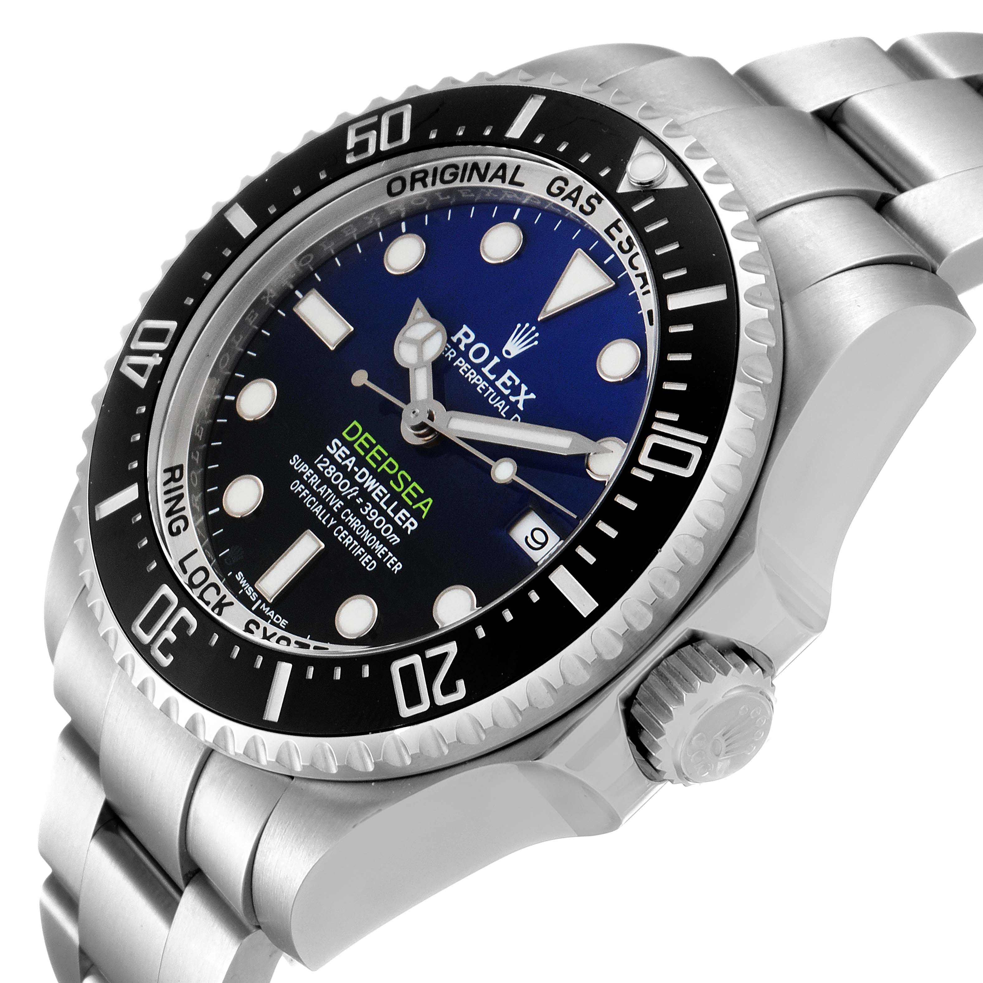 The Rolex Sea-Dweller 116660 Men
s Stainless Steel Blue Dial 116660 Men
s Stainless Steel Blue Dial watch is shown at a slightly angled side view, displaying the dial, bezel, and part of the bracelet.