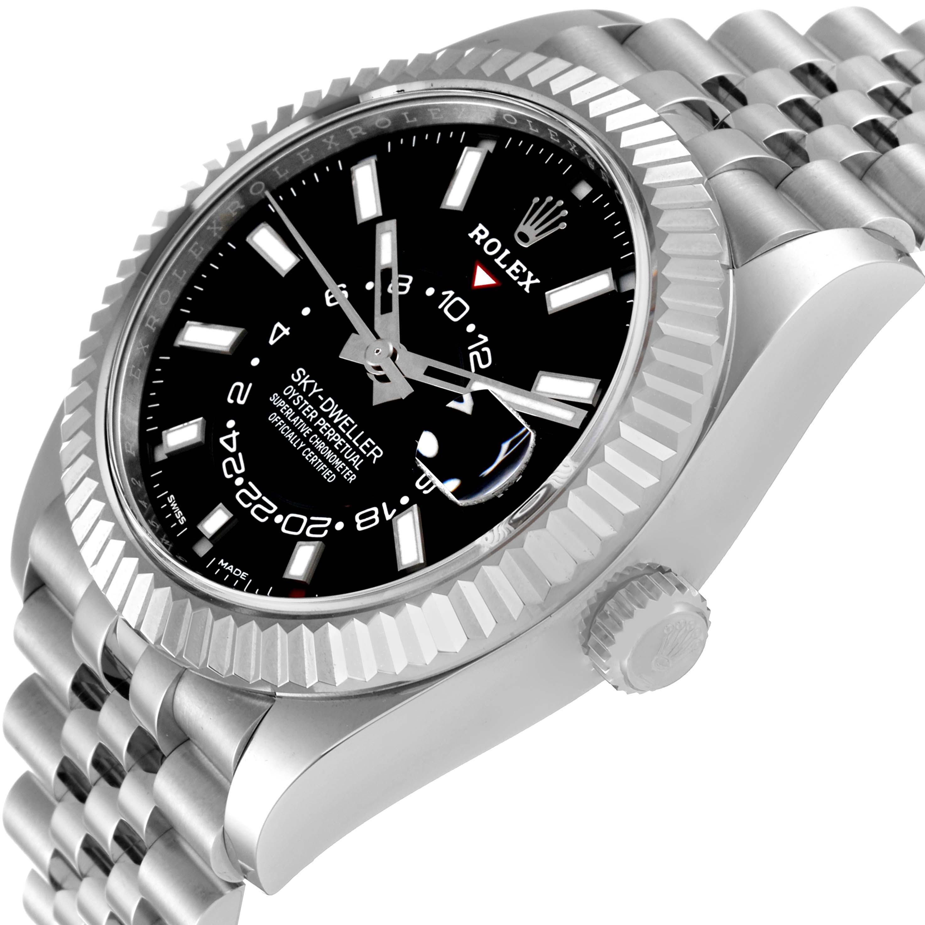 The Rolex Sky-Dweller 326934 Men
s Stainless Steel Black Dial 326934 Men
s Stainless Steel Black Dial watch is shown at an angled side view, displaying its face, bezel, crown, and bracelet.
