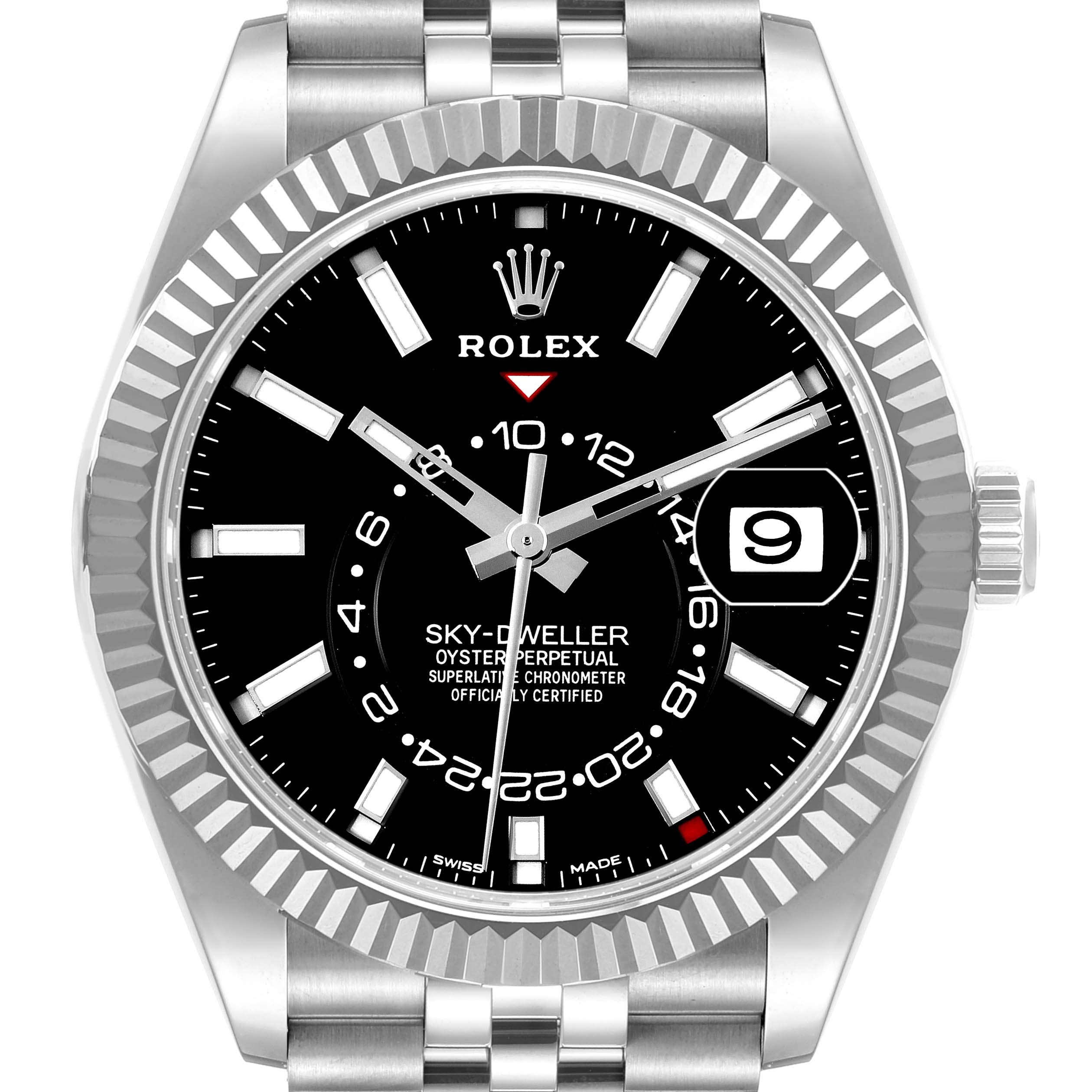 The image shows a close-up of the Rolex Sky-Dweller 326934 Men
s Stainless Steel Black Dial 326934 Men
s Stainless Steel Black Dial watch, highlighting its black dial, bezel, and bracelet.