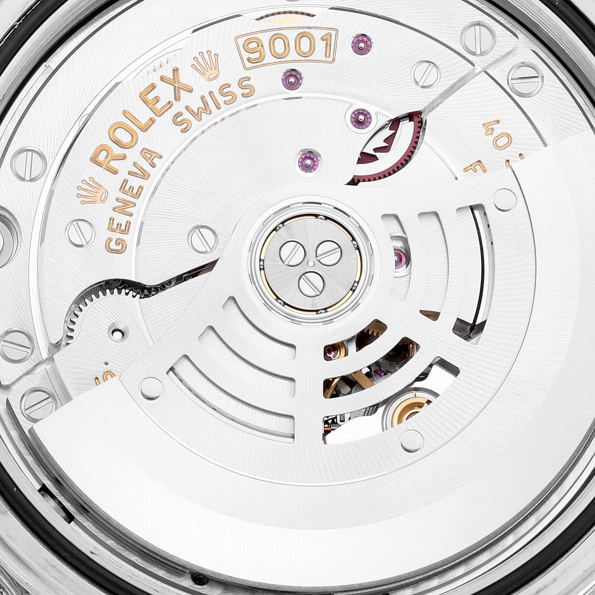 The image shows an up-close view of the movement and rotor of a Rolex Sky-Dweller 326934 Men
s Stainless Steel Black Dial 326934 Men
s Stainless Steel Black Dial watch model.
