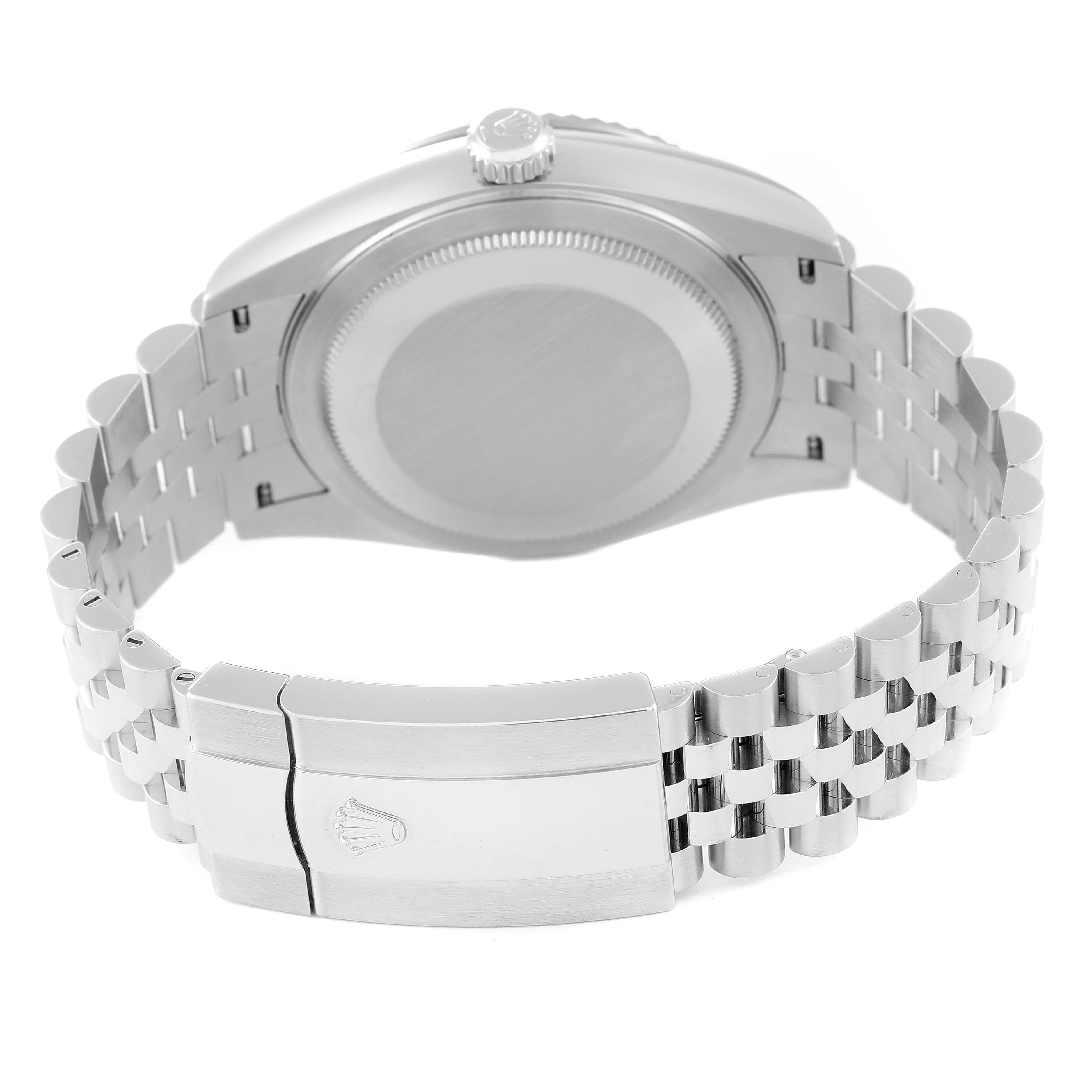 This image shows the back case and bracelet of the Rolex Sky-Dweller 326934 Men
s Stainless Steel Black Dial 326934 Men
s Stainless Steel Black Dial watch, including the clasp with the Rolex logo.