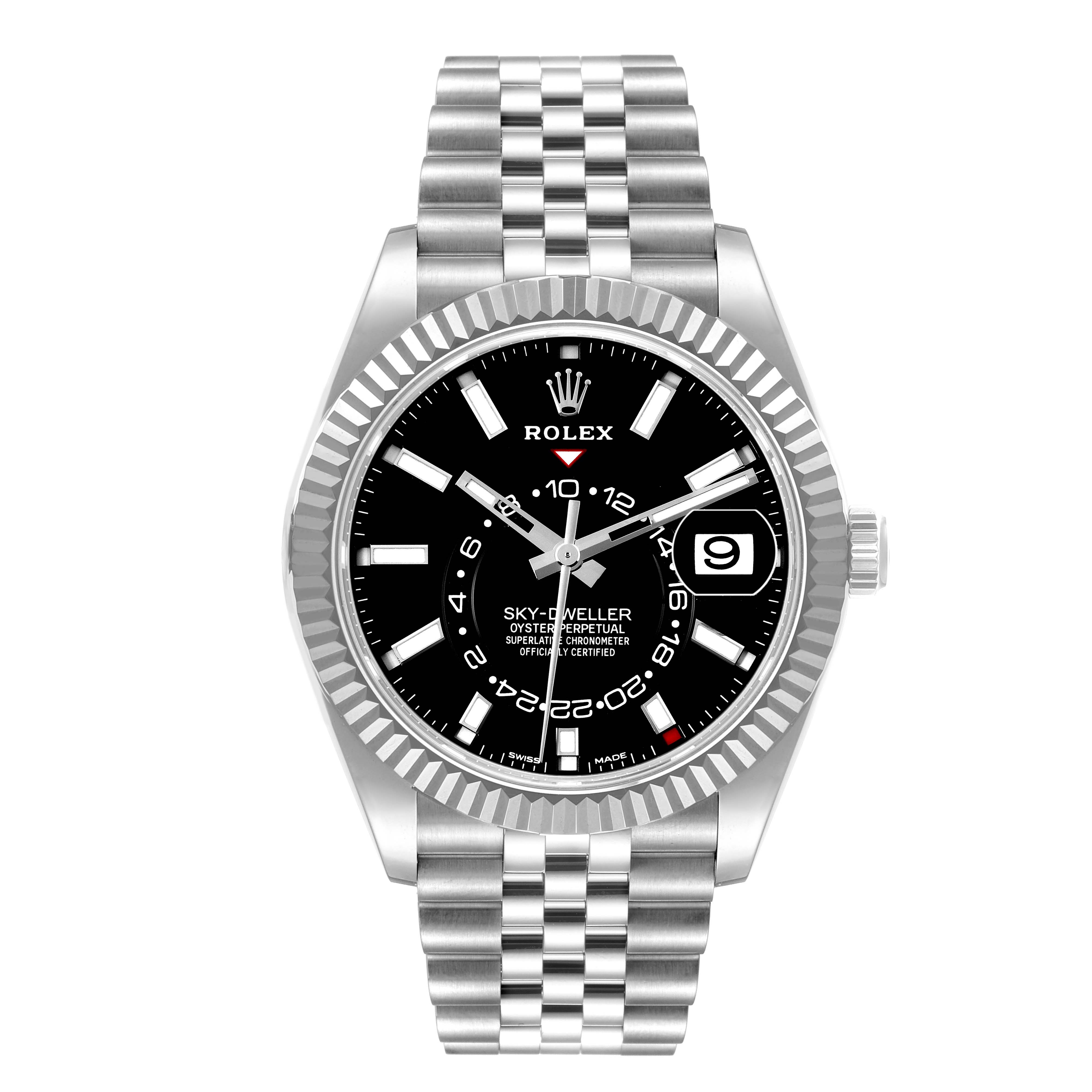 The image shows a front view of a Rolex Sky-Dweller 326934 Men
s Stainless Steel Black Dial 326934 Men
s Stainless Steel Black Dial watch with a black dial and stainless steel jubilee bracelet.