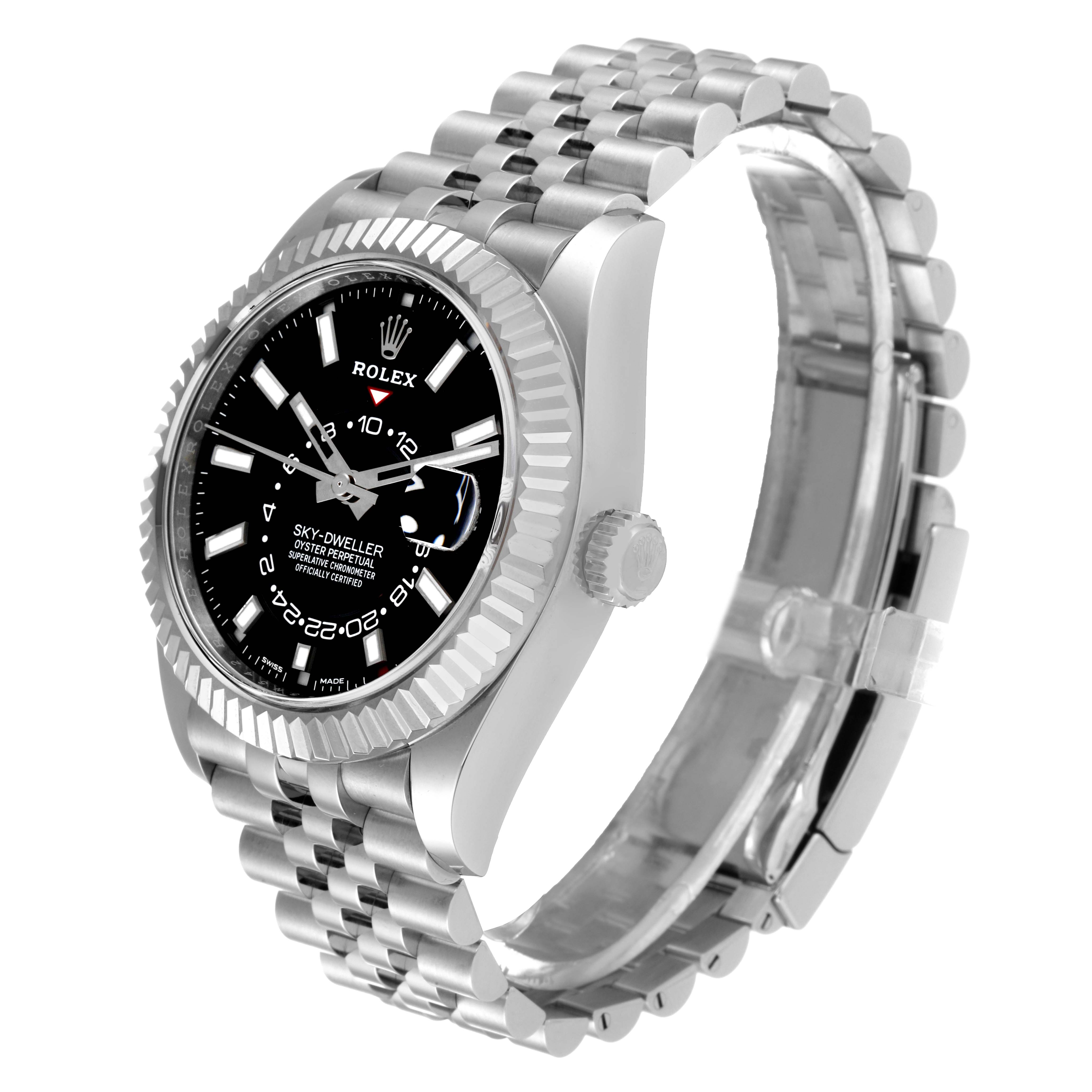 The image shows a side view of the Rolex Sky-Dweller 326934 Men
s Stainless Steel Black Dial 326934 Men
s Stainless Steel Black Dial watch, highlighting the bezel, dial, crown, and bracelet.