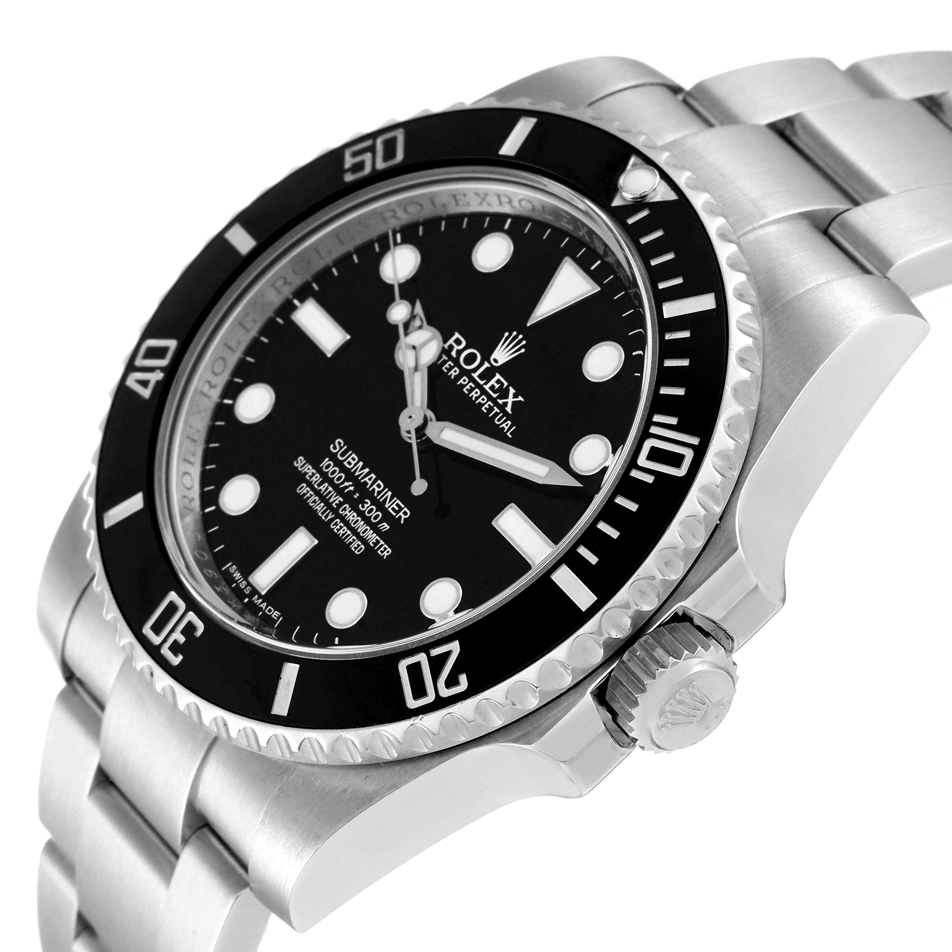 The image shows a side angle of the Rolex Submariner 114060 Men
s Stainless Steel Black Dial 114060 Men
s Stainless Steel Black Dial watch, highlighting its bezel, dial, crown, and bracelet.