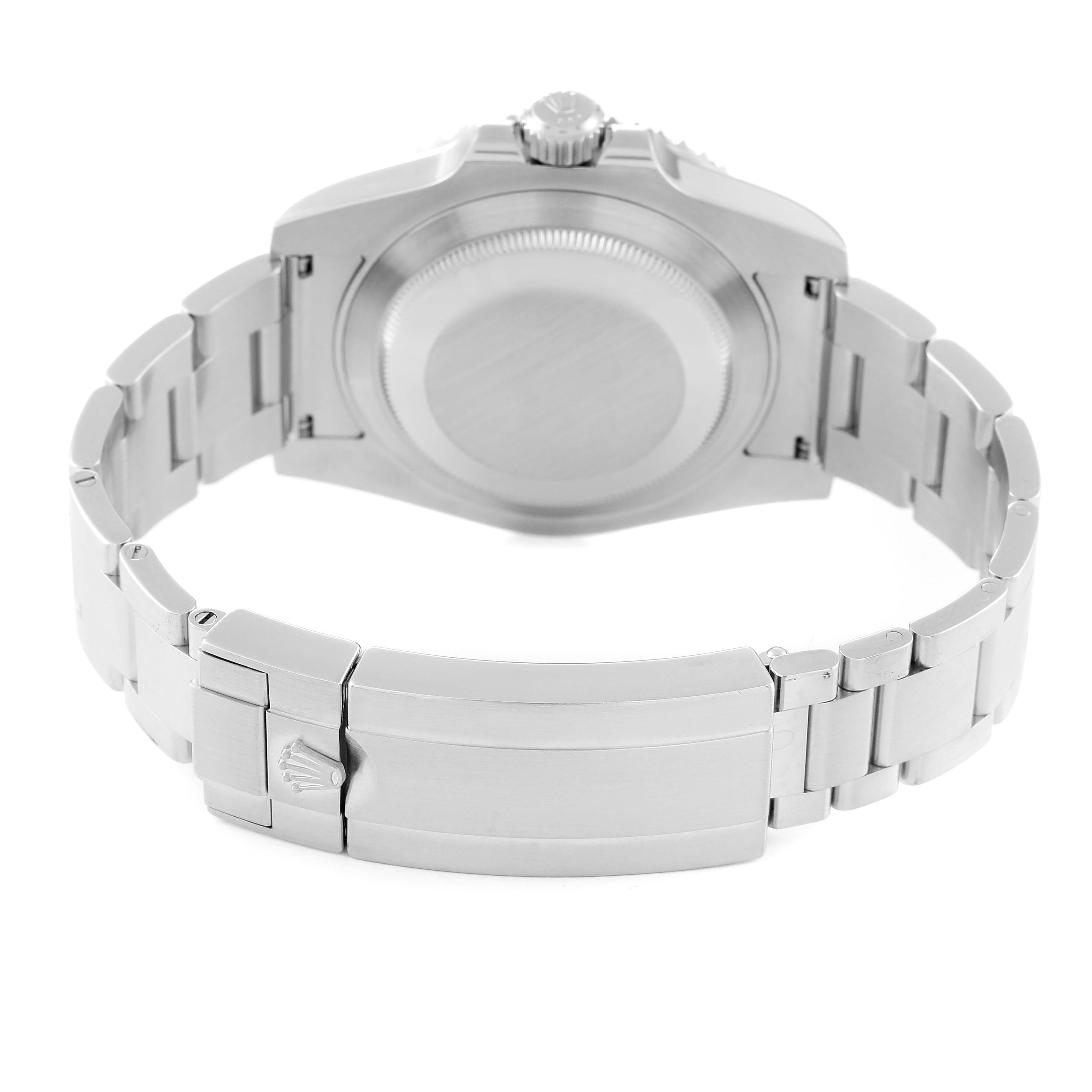 The image shows the back angle of a Rolex Submariner 114060 Men
s Stainless Steel Black Dial 114060 Men
s Stainless Steel Black Dial watch, highlighting the case back and the clasp on the bracelet.