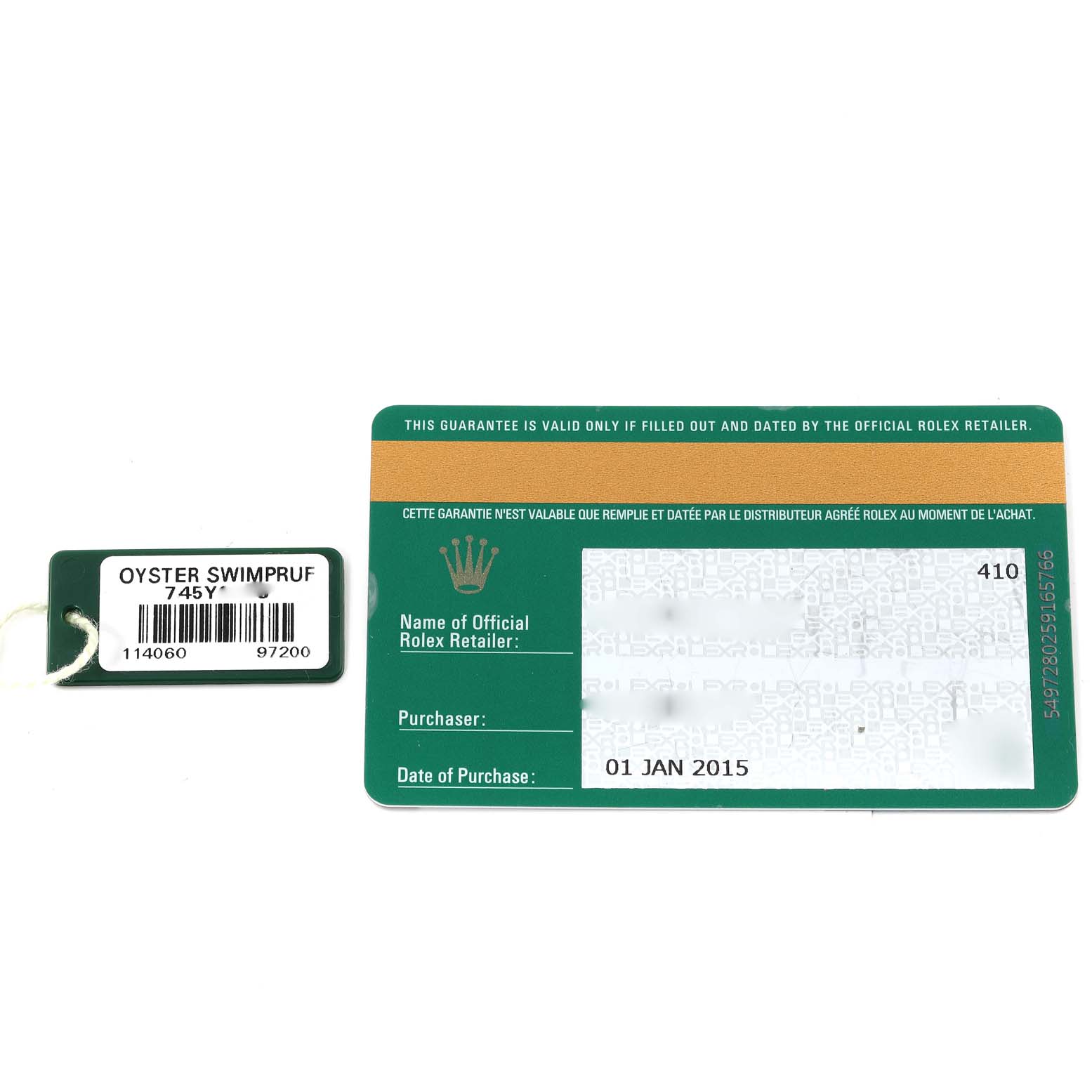 The image shows a warranty card and tag for a Rolex Submariner 114060 Men
s Stainless Steel Black Dial 114060 Men
s Stainless Steel Black Dial watch.