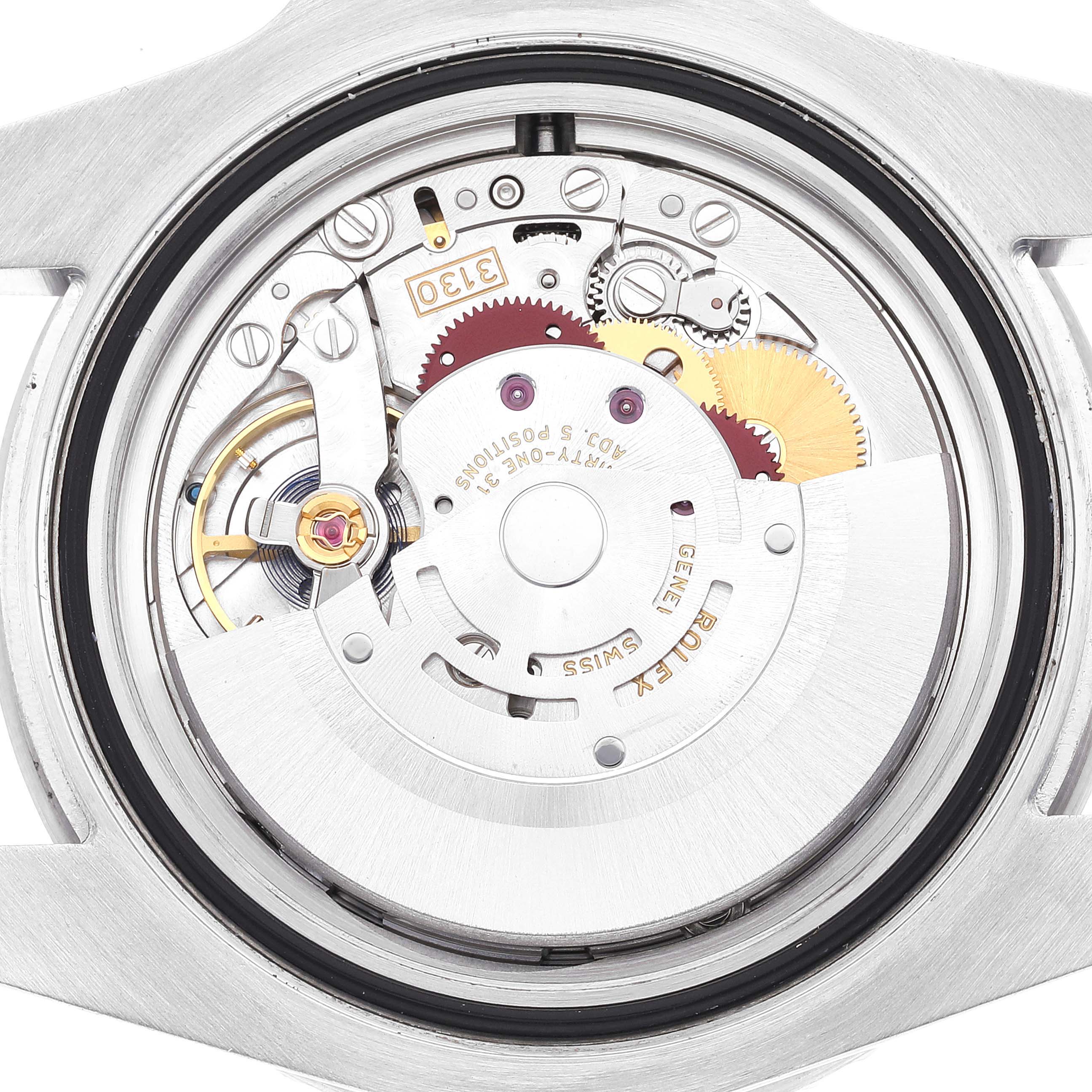 This image shows the intricate inner machinery of a Rolex Submariner 114060 Men
s Stainless Steel Black Dial 114060 Men
s Stainless Steel Black Dial watch, viewed from the case back.