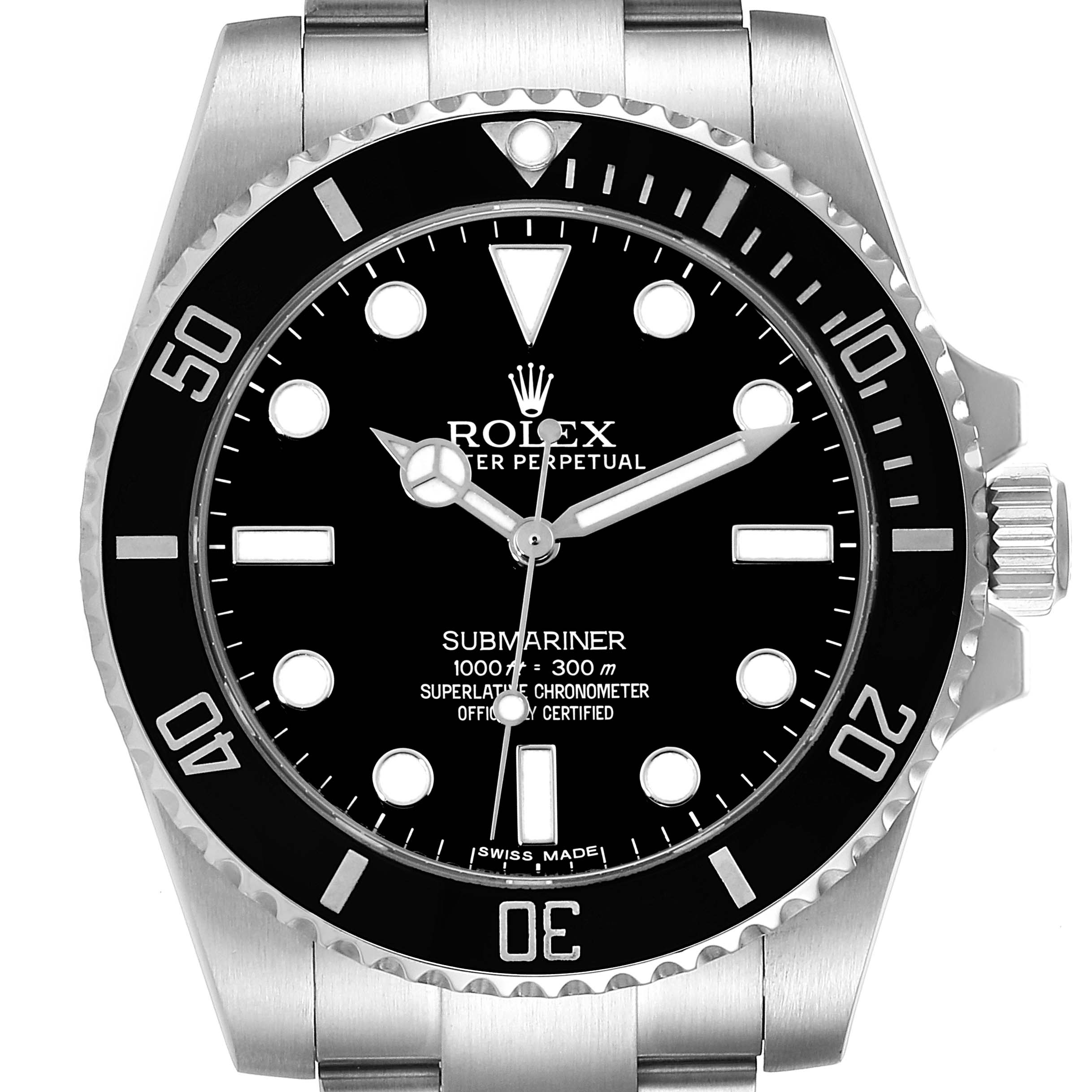 The image shows a front view of the Rolex Submariner 114060 Men
s Stainless Steel Black Dial 114060 Men
s Stainless Steel Black Dial watch, highlighting its bezel, dial, and stainless steel bracelet.
