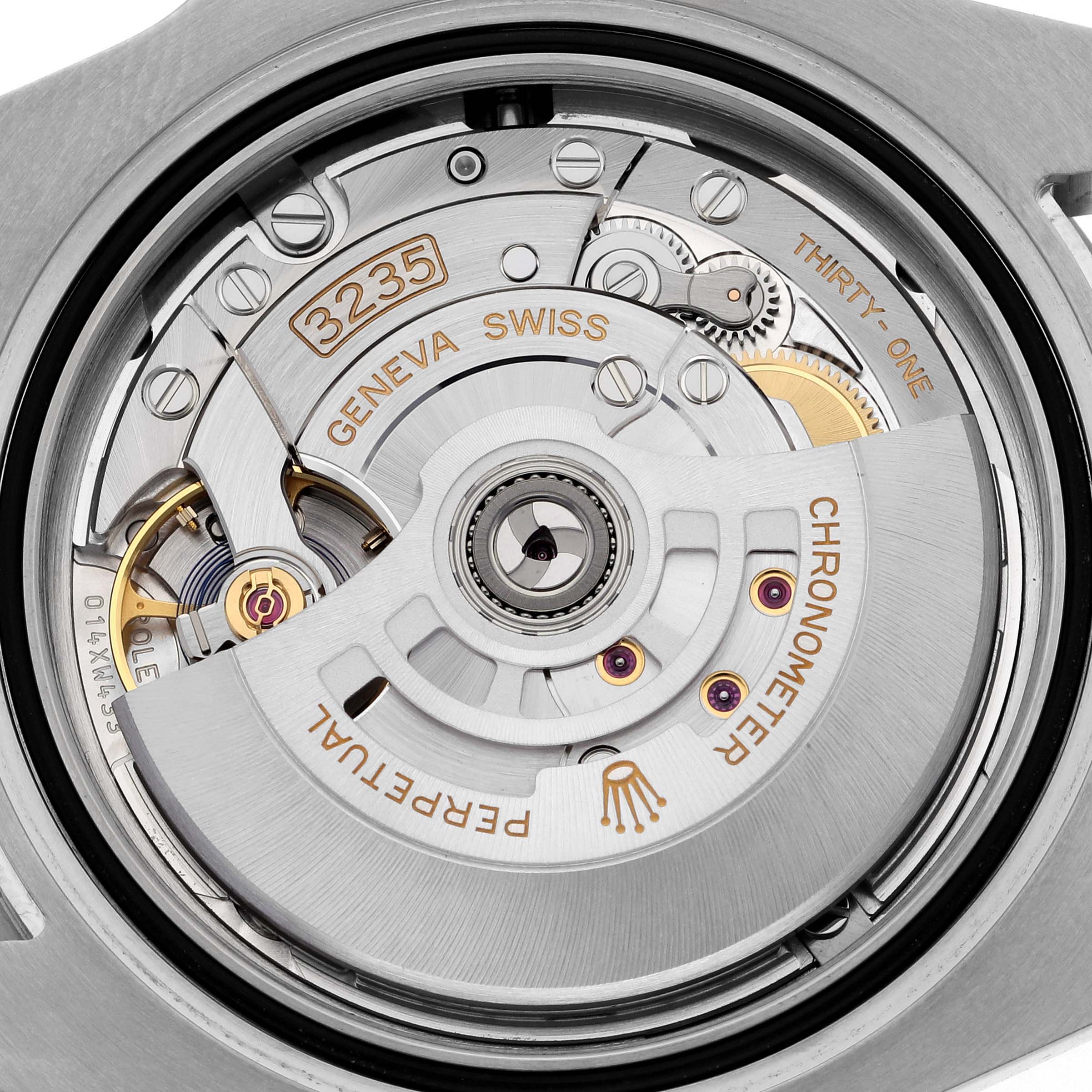 This is a close-up view of the Rolex Submariner 126610 Men
s Stainless Steel Black Dial 126610 Men
s Stainless Steel Black Dial
s movement, showcasing the intricate inner mechanics.