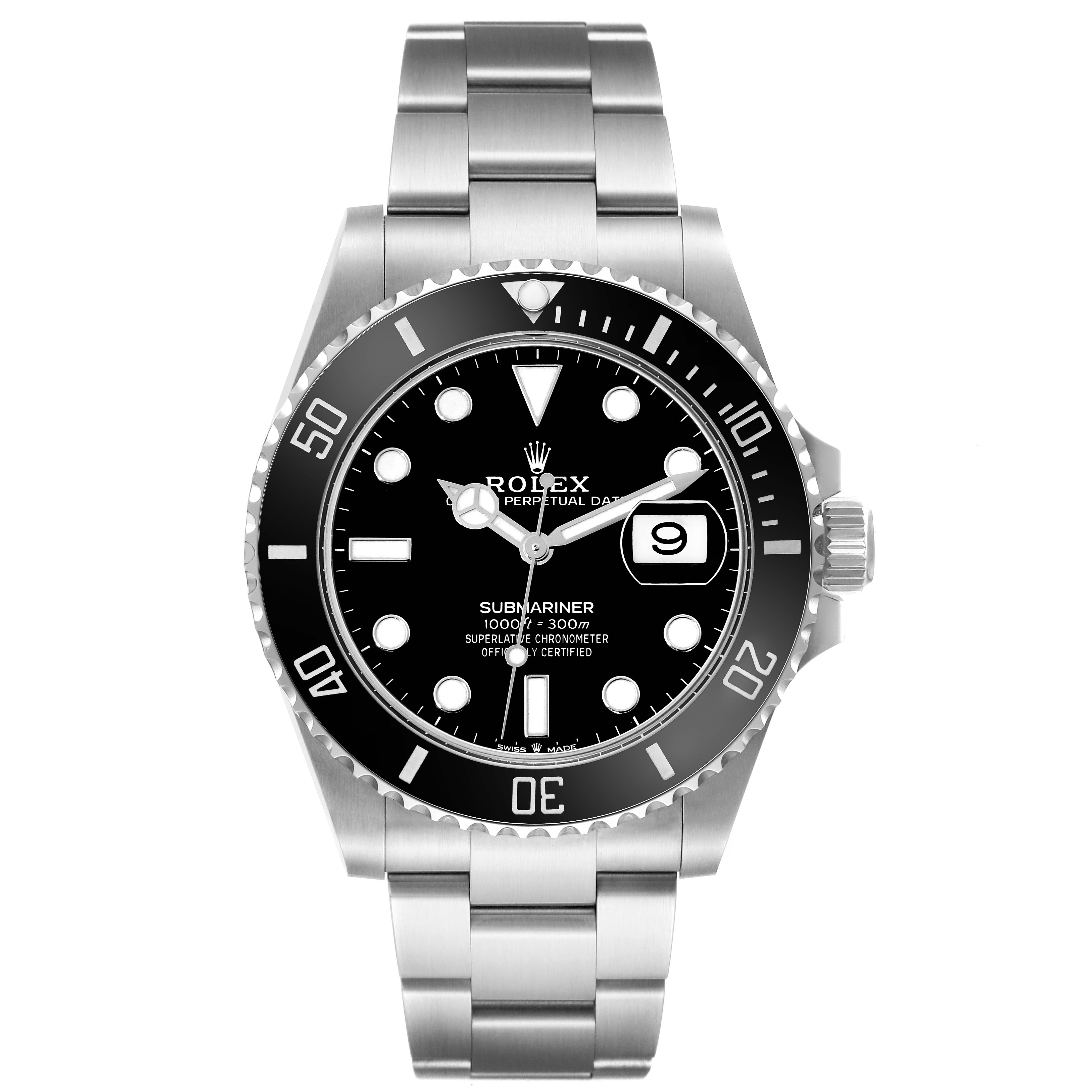 The image shows a front view of a Rolex Submariner 126610 Men
s Stainless Steel Black Dial 126610 Men
s Stainless Steel Black Dial watch showcasing its dial, bezel, case, and bracelet.