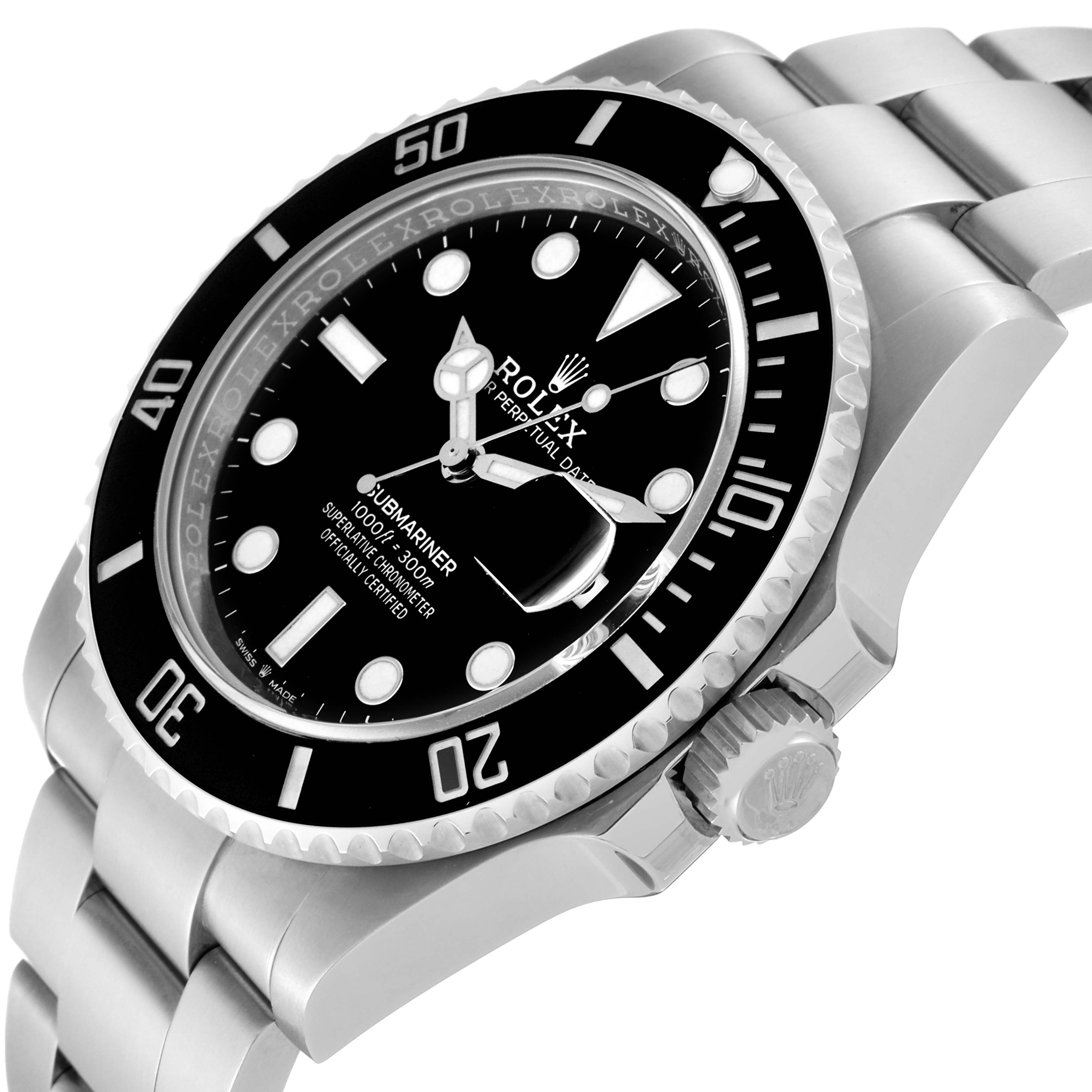 The Rolex Submariner 126610 Men
s Stainless Steel Black Dial 126610 Men
s Stainless Steel Black Dial watch is shown at an angle highlighting the face, bezel, crown, and part of the bracelet and lugs.