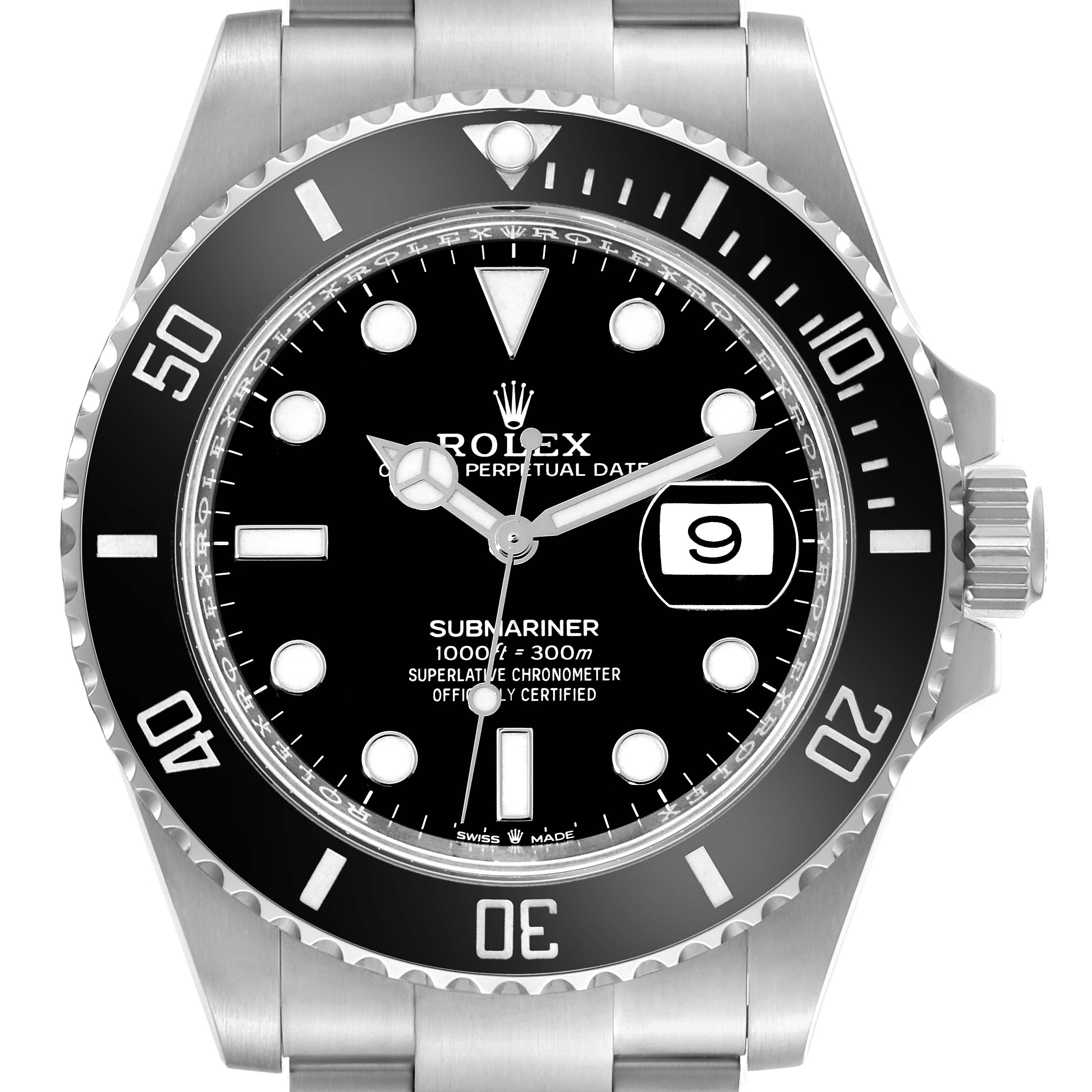This image shows a front view of a Rolex Submariner 126610 Men
s Stainless Steel Black Dial 126610 Men
s Stainless Steel Black Dial watch featuring the dial, bezel, and part of the bracelet.