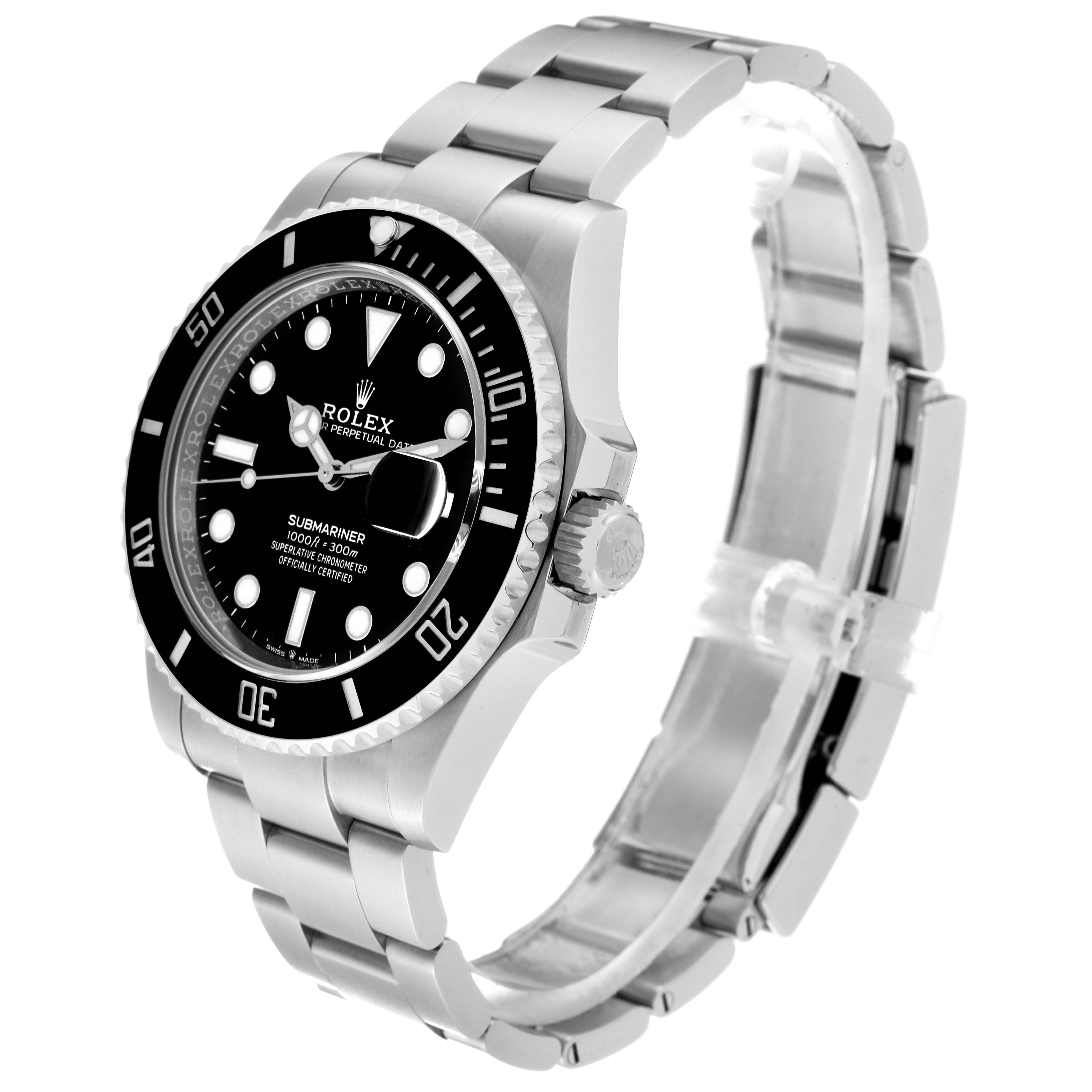 The image shows a Rolex Submariner 126610 Men
s Stainless Steel Black Dial 126610 Men
s Stainless Steel Black Dial watch angled to display the face, bezel, and bracelet.