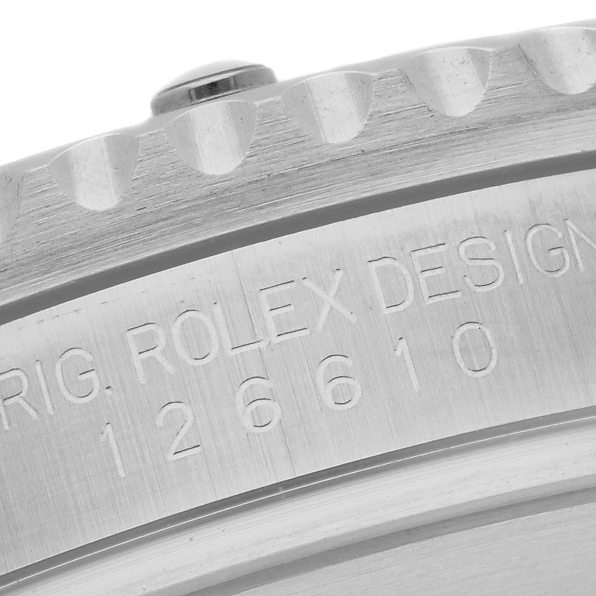 This image shows a close-up of the engraved bezel and case of a Rolex Submariner 126610 Men
s Stainless Steel Black Dial 126610 Men
s Stainless Steel Black Dial model 126610.