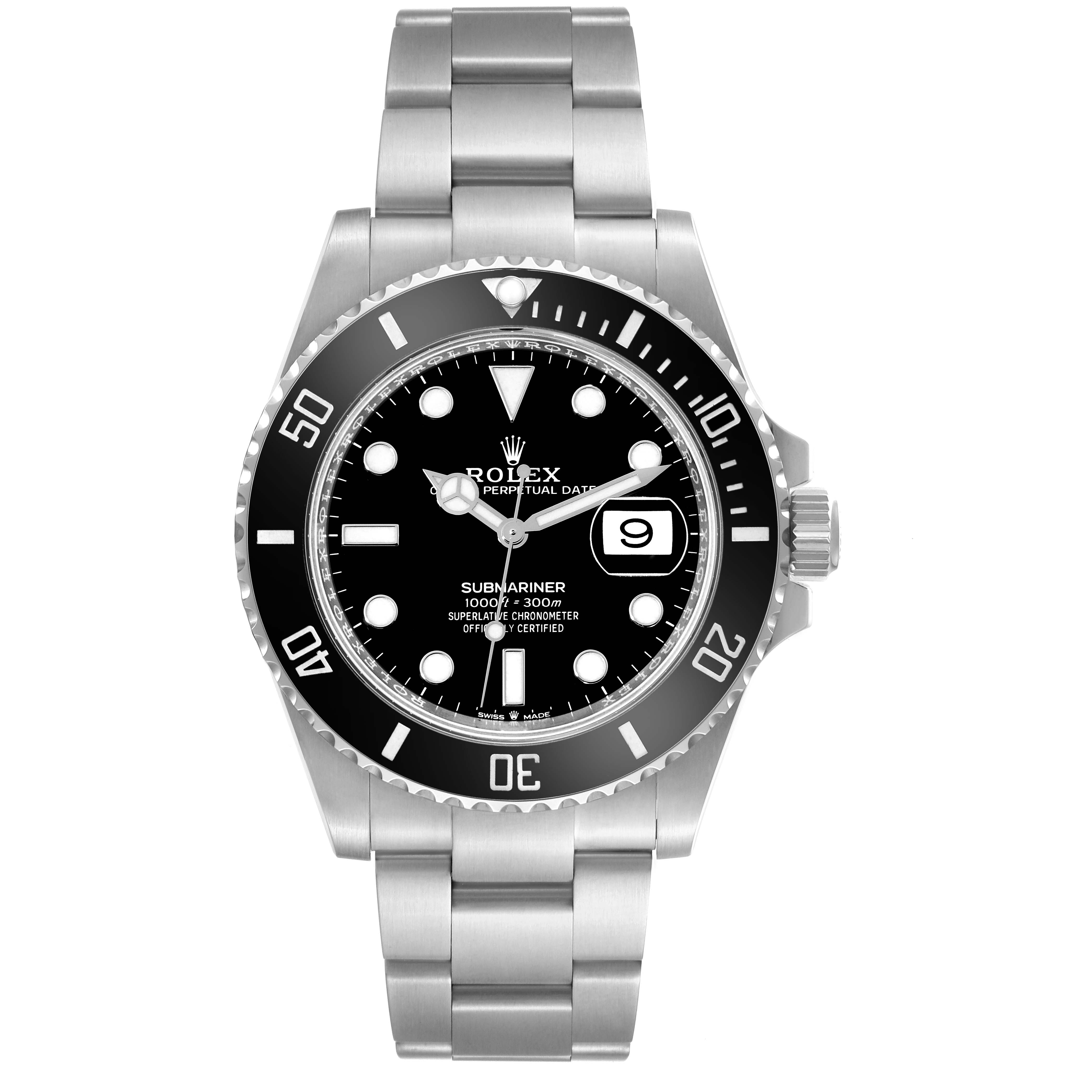 This image shows a front view of the Rolex Submariner 126610 Men
s Stainless Steel Black Dial 126610 Men
s Stainless Steel Black Dial watch with its bezel, dial, bracelet, and date window visible.