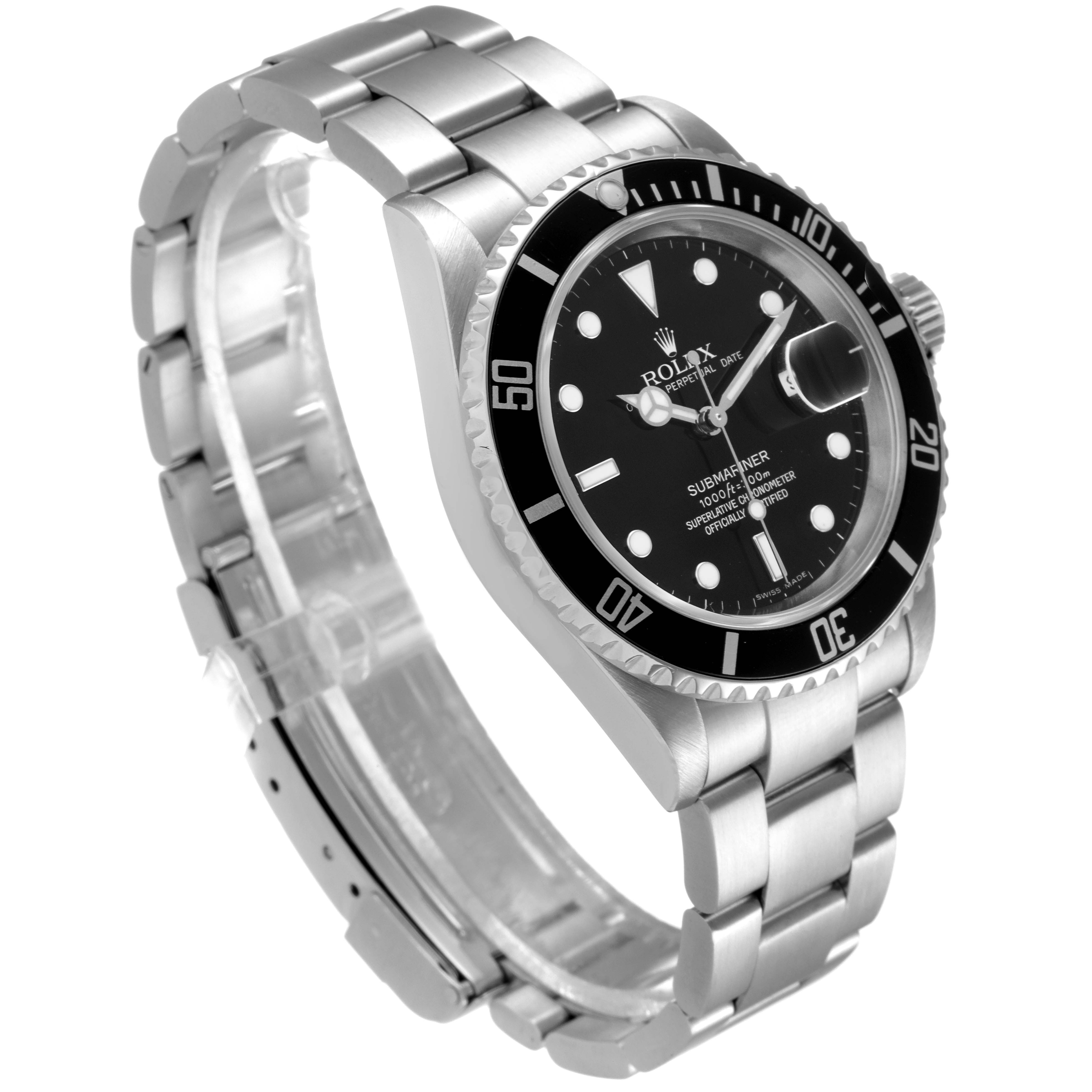 This image shows a Rolex Submariner 16610 Men
s Stainless Steel Black Dial 16610 Men
s Stainless Steel Black Dial watch from an angled front view, highlighting the dial, bezel, and bracelet.