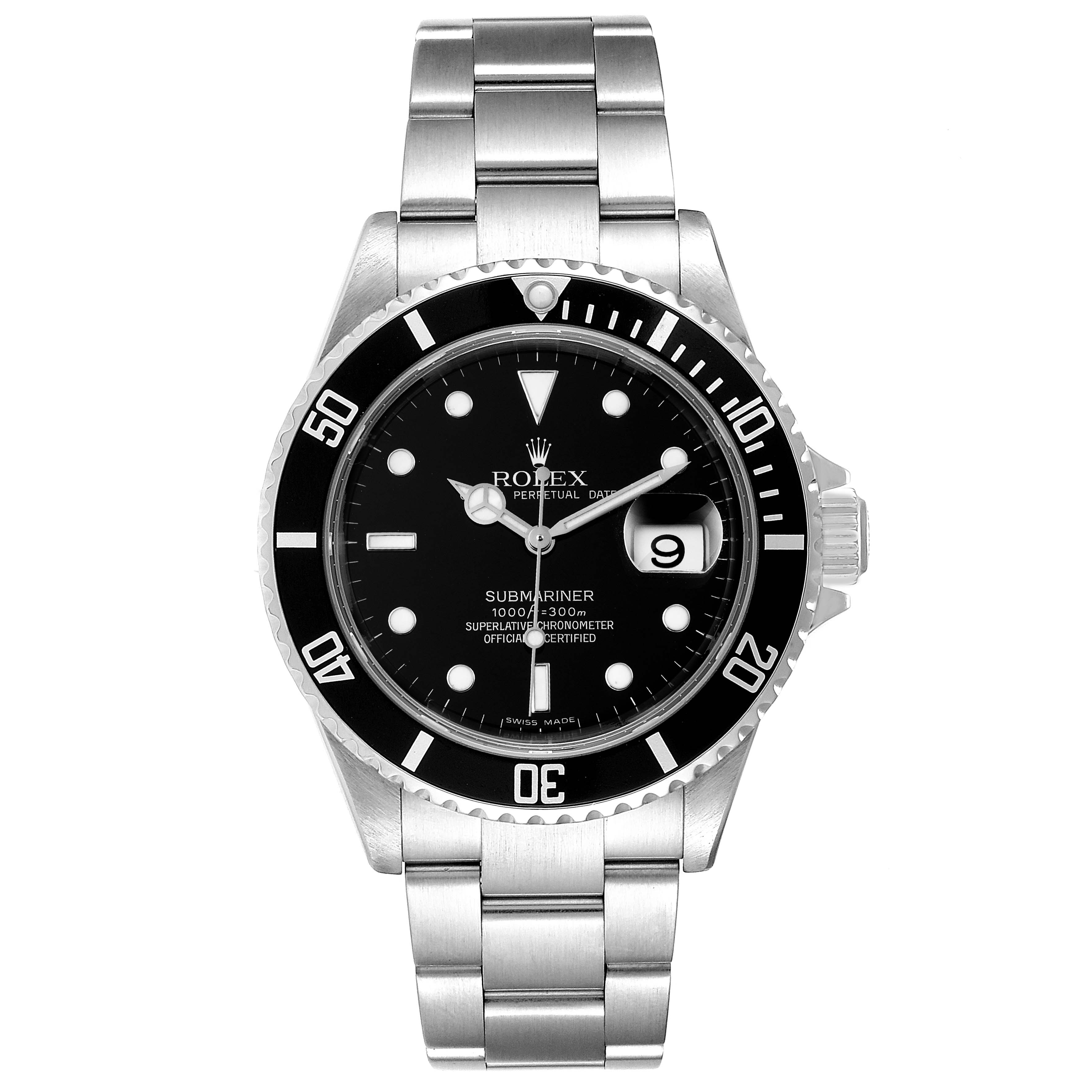 The image shows a front view of a Rolex Submariner 16610 Men
s Stainless Steel Black Dial 16610 Men
s Stainless Steel Black Dial watch, displaying the face, bezel, and part of the bracelet.